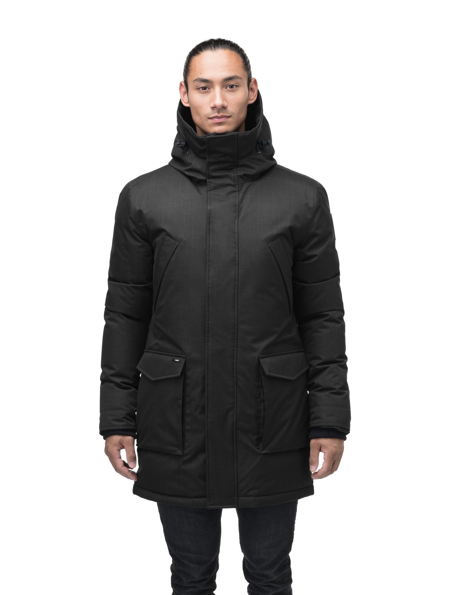 Men's thigh length down-filled parka with non-removable hood in Black