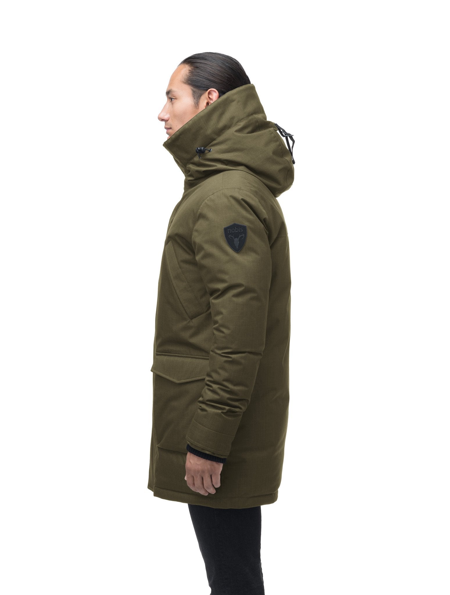 Men's thigh length down-filled parka with non-removable hood in Fatigue