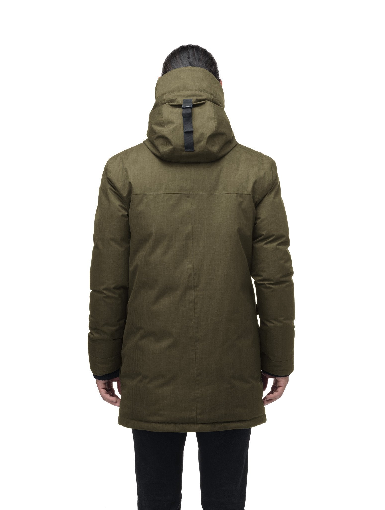 Men's thigh length down-filled parka with non-removable hood in Fatigue