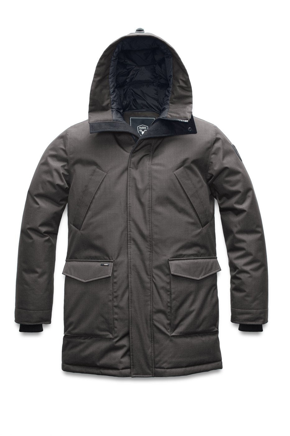 Men's thigh length down-filled parka with non-removable hood in Steel Grey