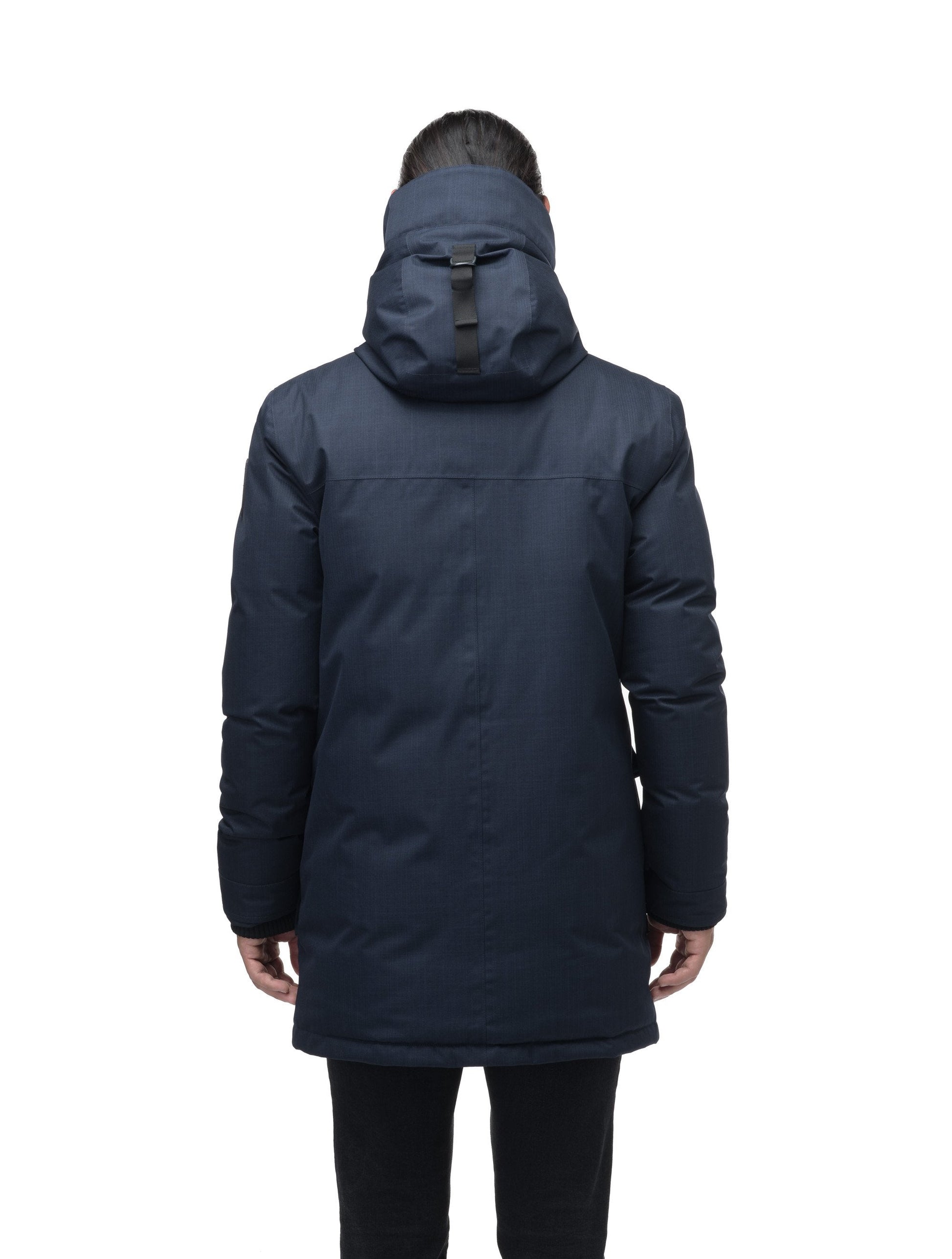 Men's thigh length down-filled parka with non-removable hood in Navy