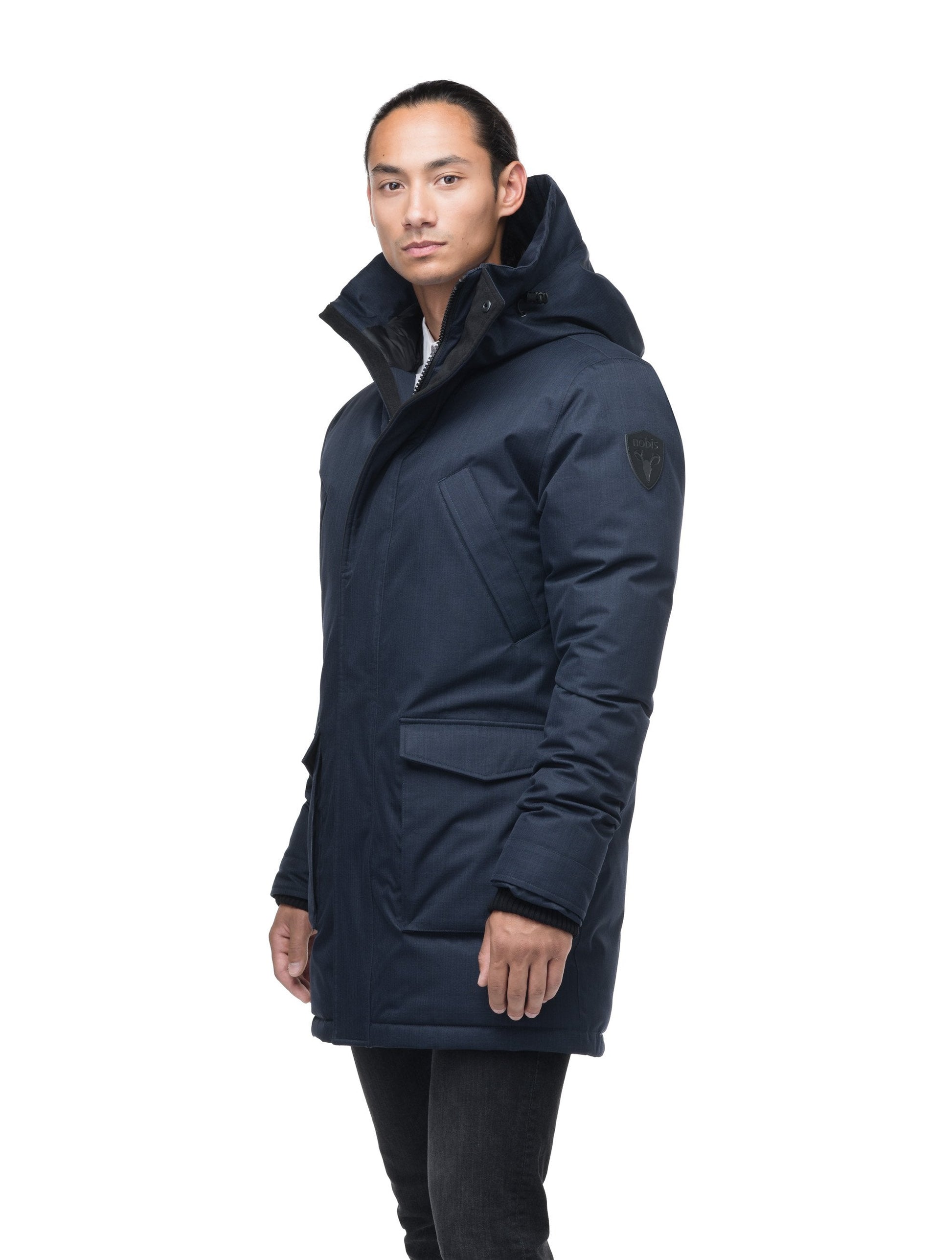 Men's thigh length down-filled parka with non-removable hood in Navy