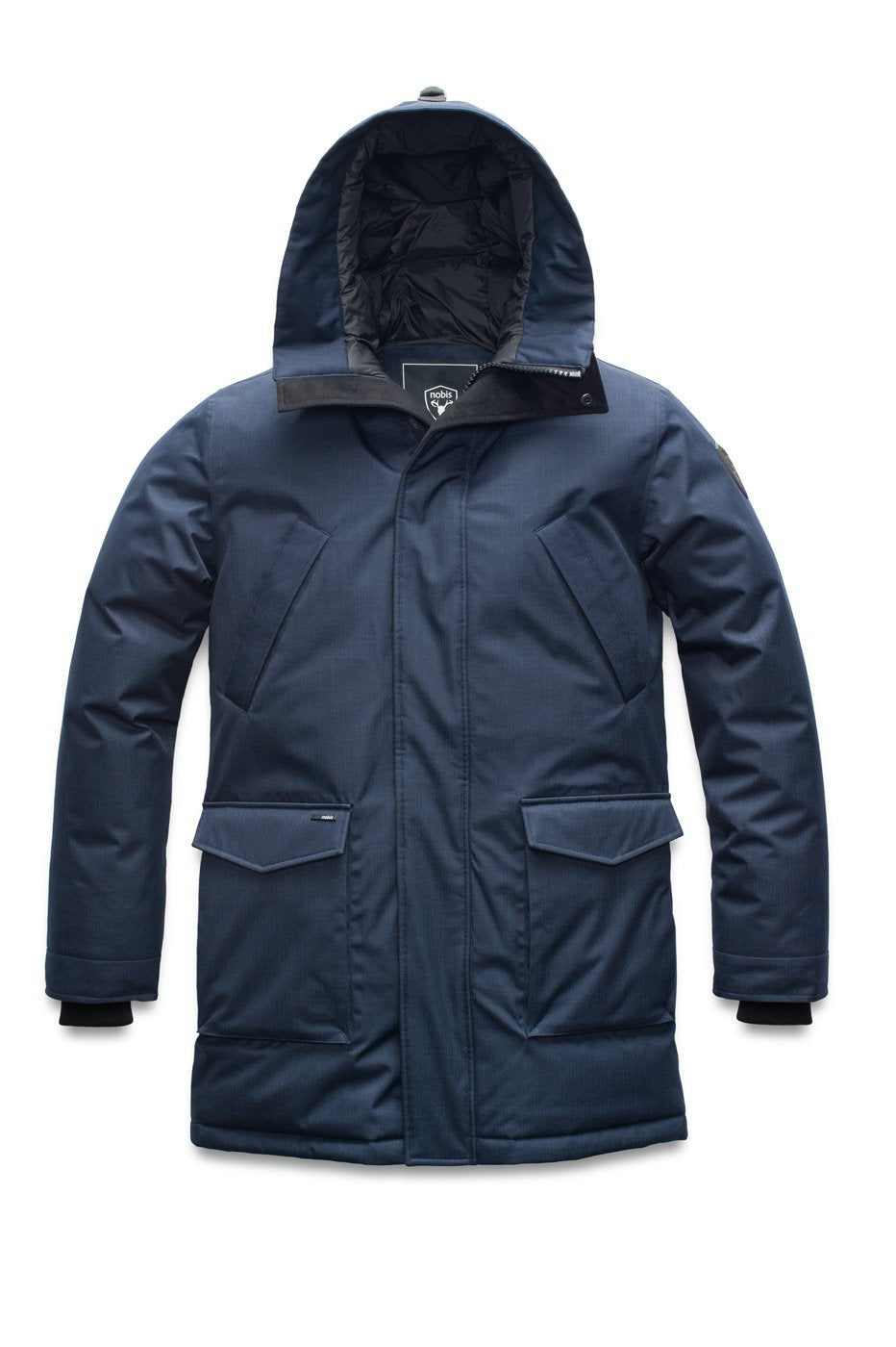 Men's thigh length down-filled parka with non-removable hood in Navy