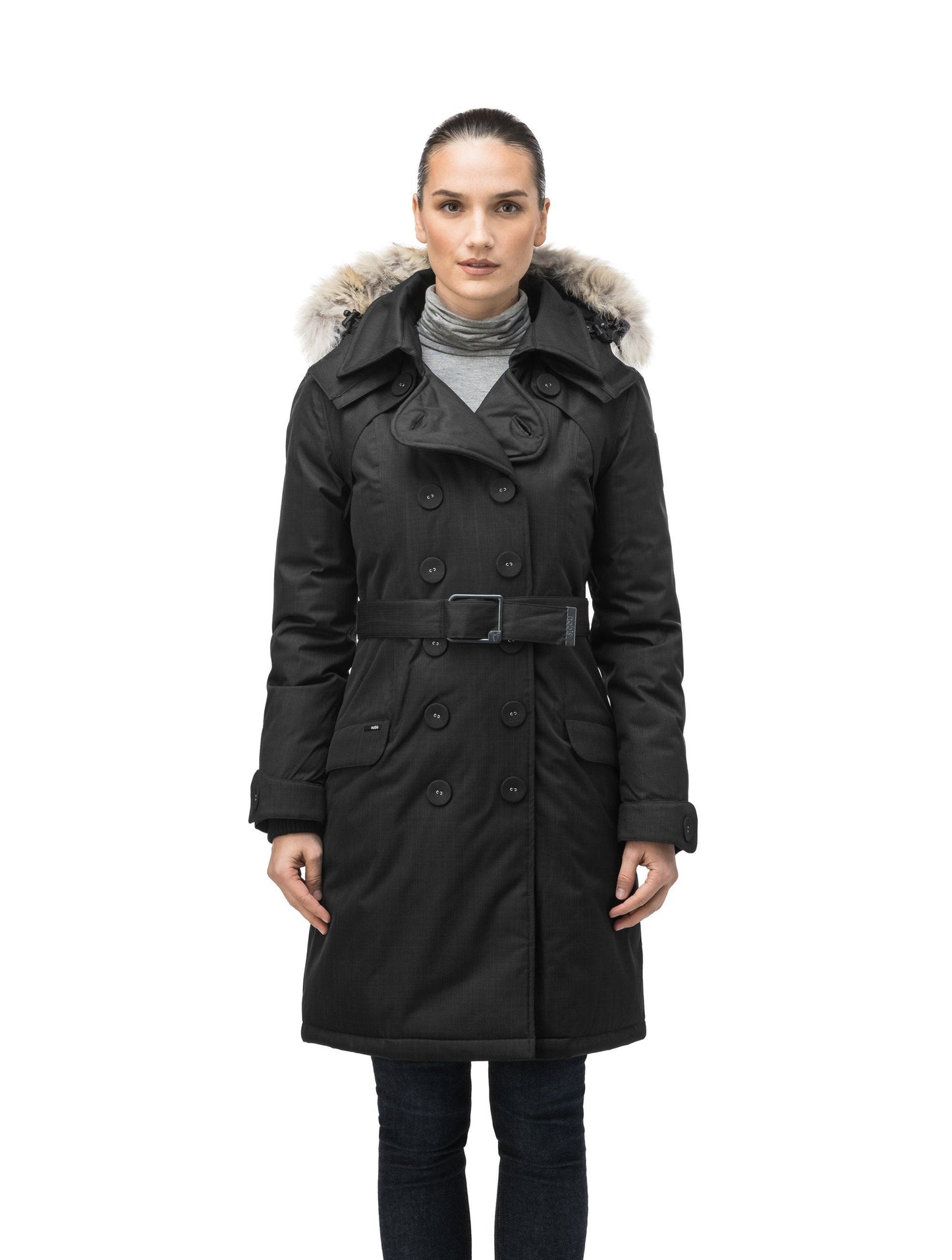 Women's down filled double breasted peacoat with a belted waist in CH Black