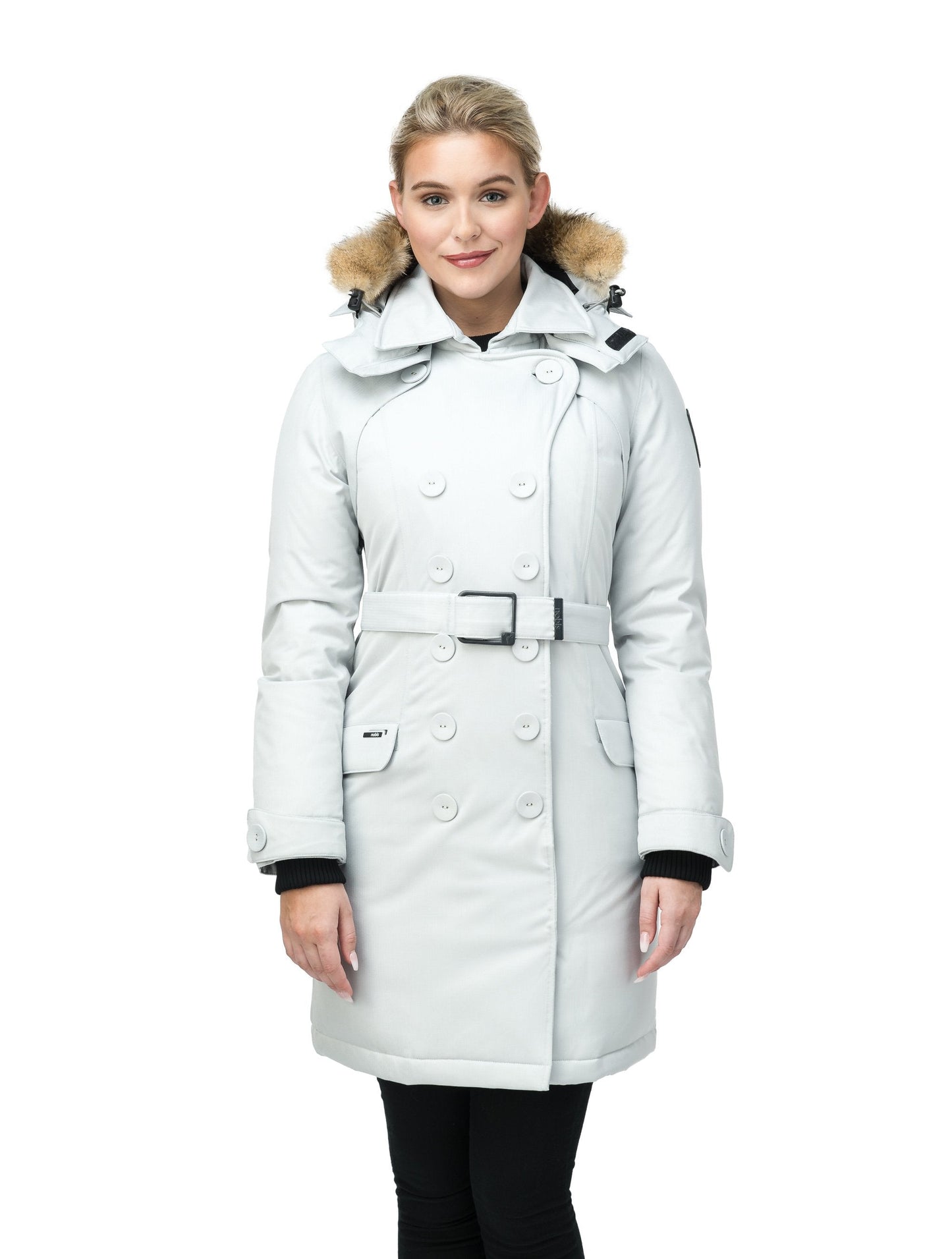 Women's down filled double breasted peacoat with a belted waist in CH Light Grey