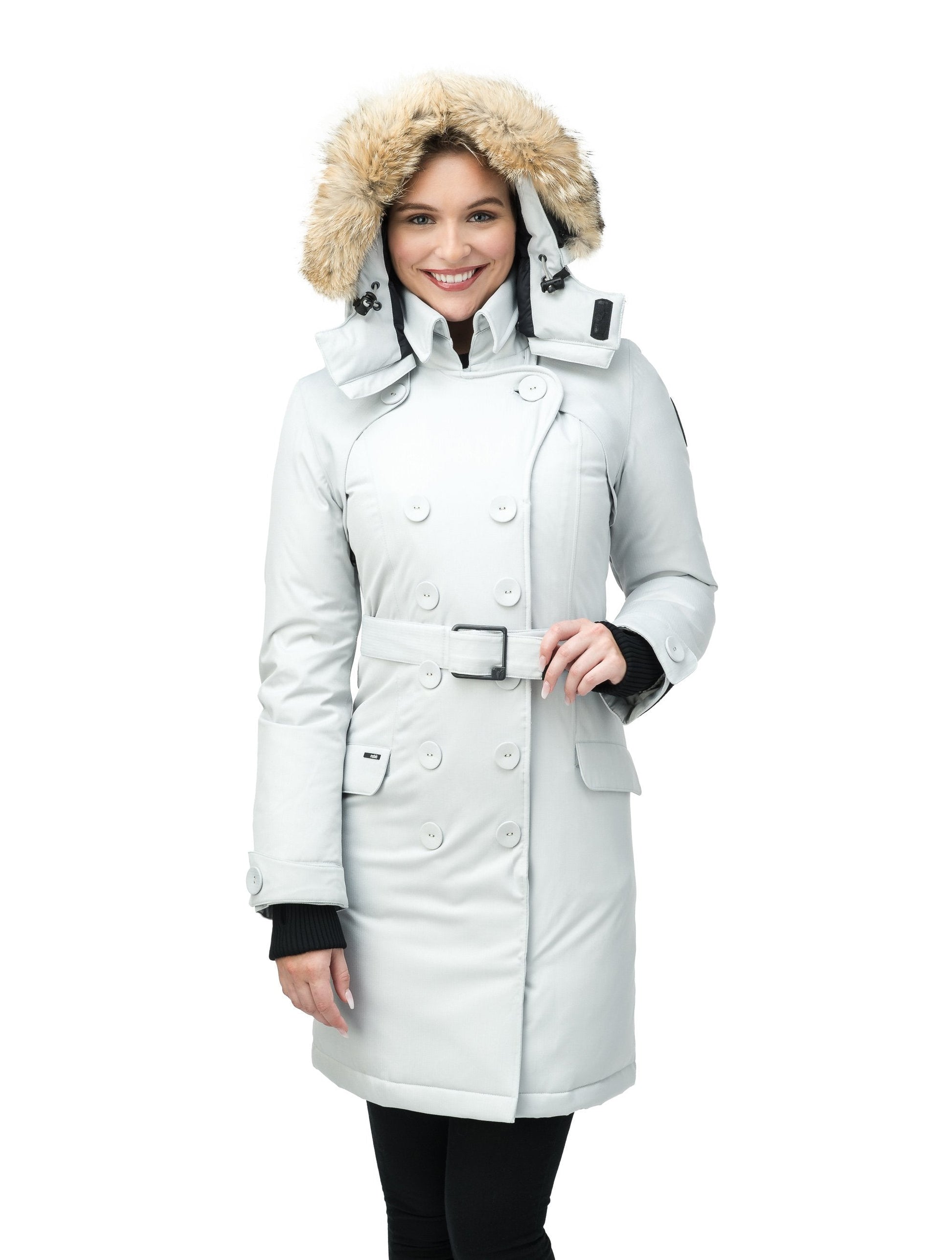 Women's down filled double breasted peacoat with a belted waist in CH Light Grey