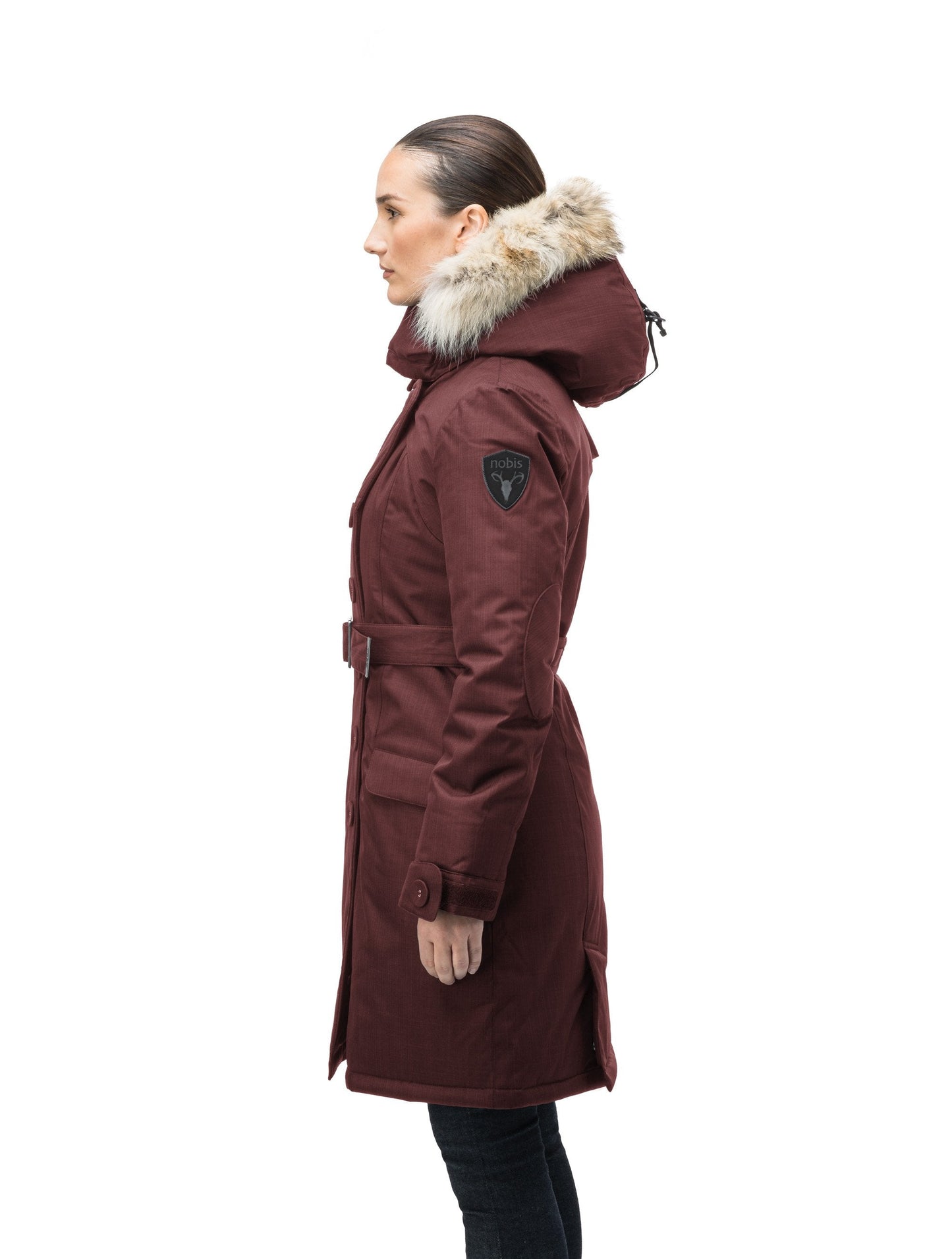 Women's down filled double breasted peacoat with a belted waist in CH Red Rum