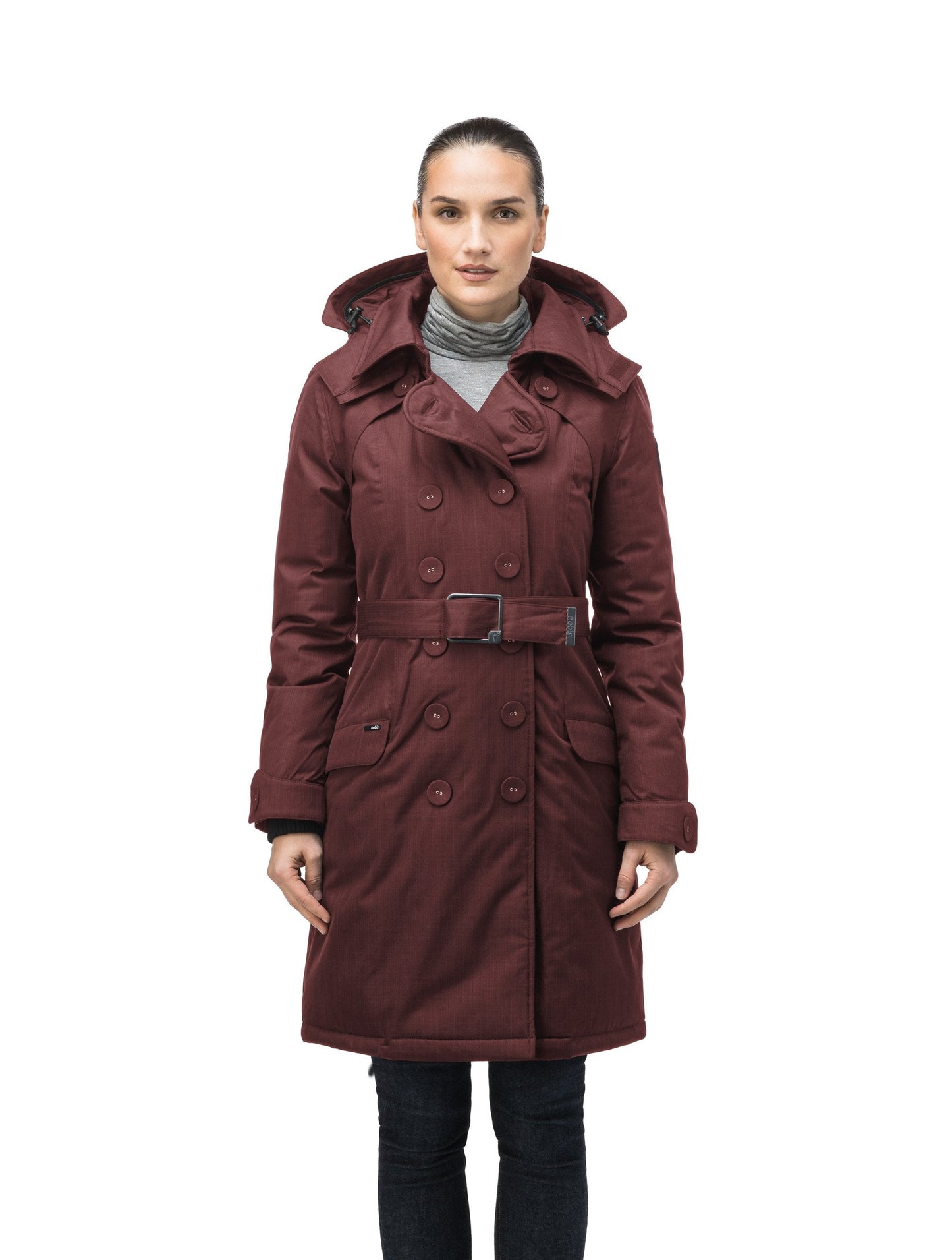 Women's down filled double breasted peacoat with a belted waist in CH Red Rum