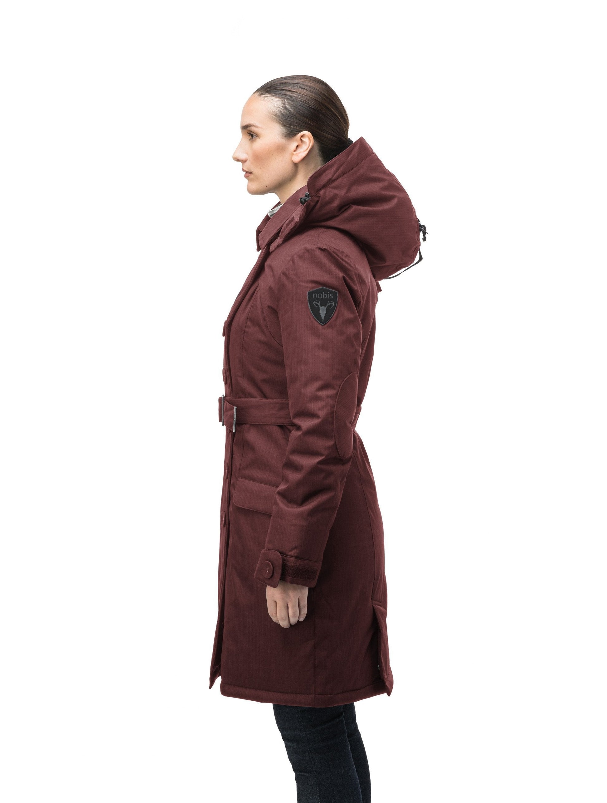 Women's down filled double breasted peacoat with a belted waist in CH Red Rum