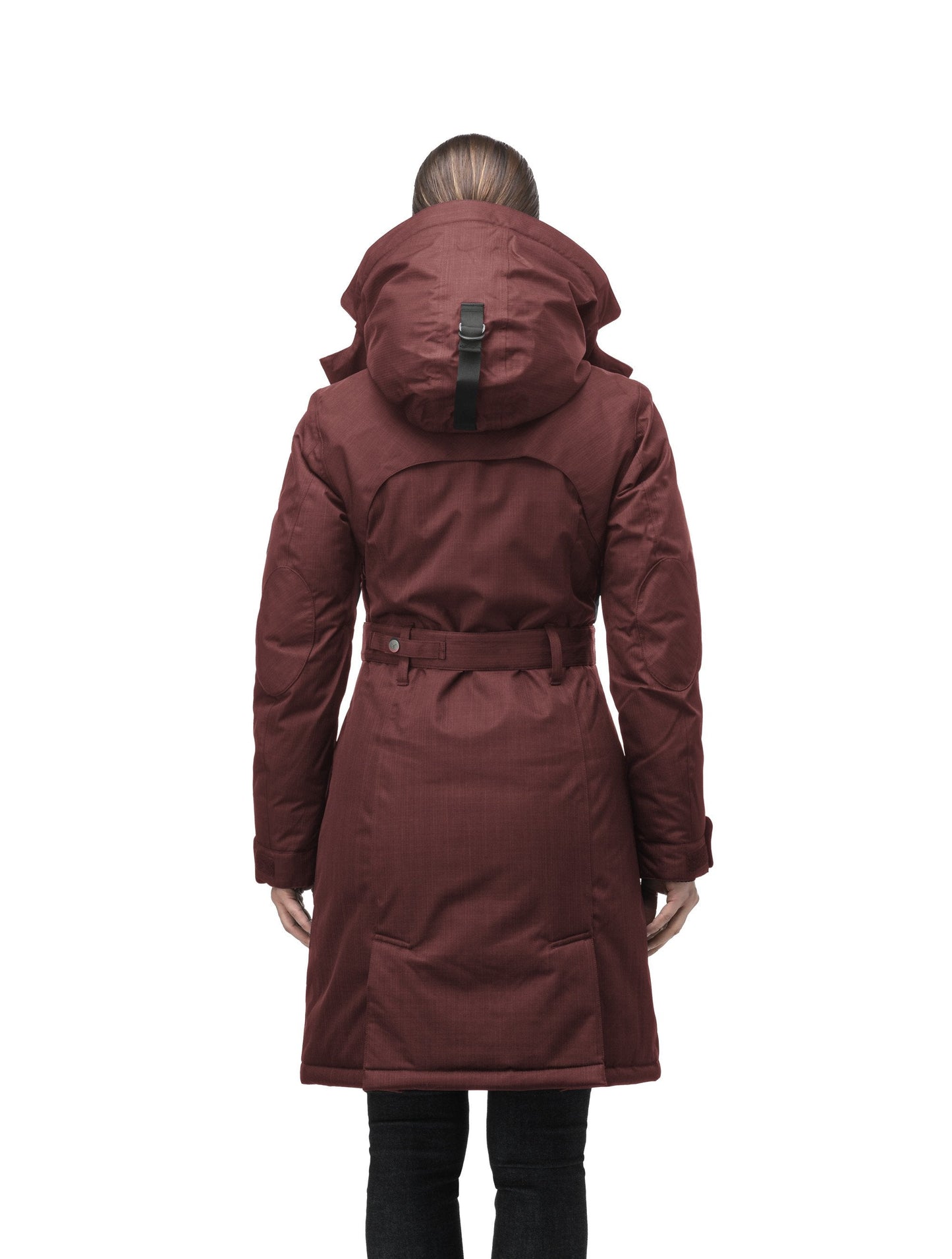 Women's down filled double breasted peacoat with a belted waist in CH Red Rum