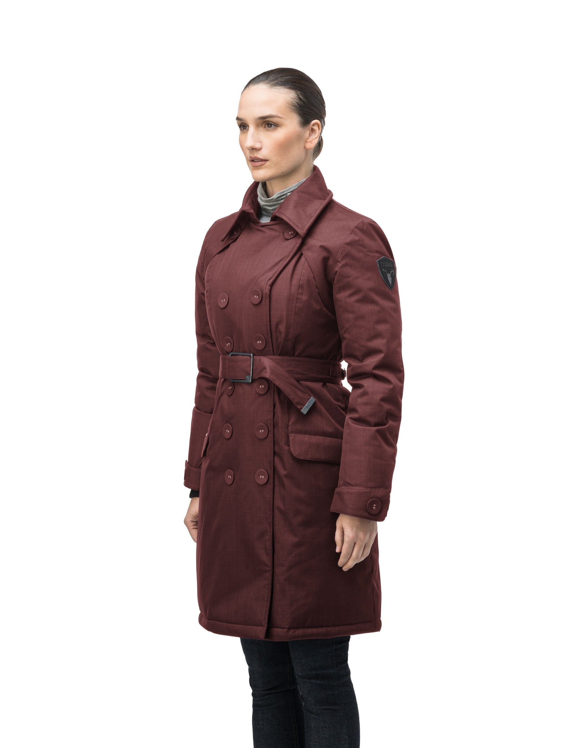 Women's down filled double breasted peacoat with a belted waist in CH Red Rum