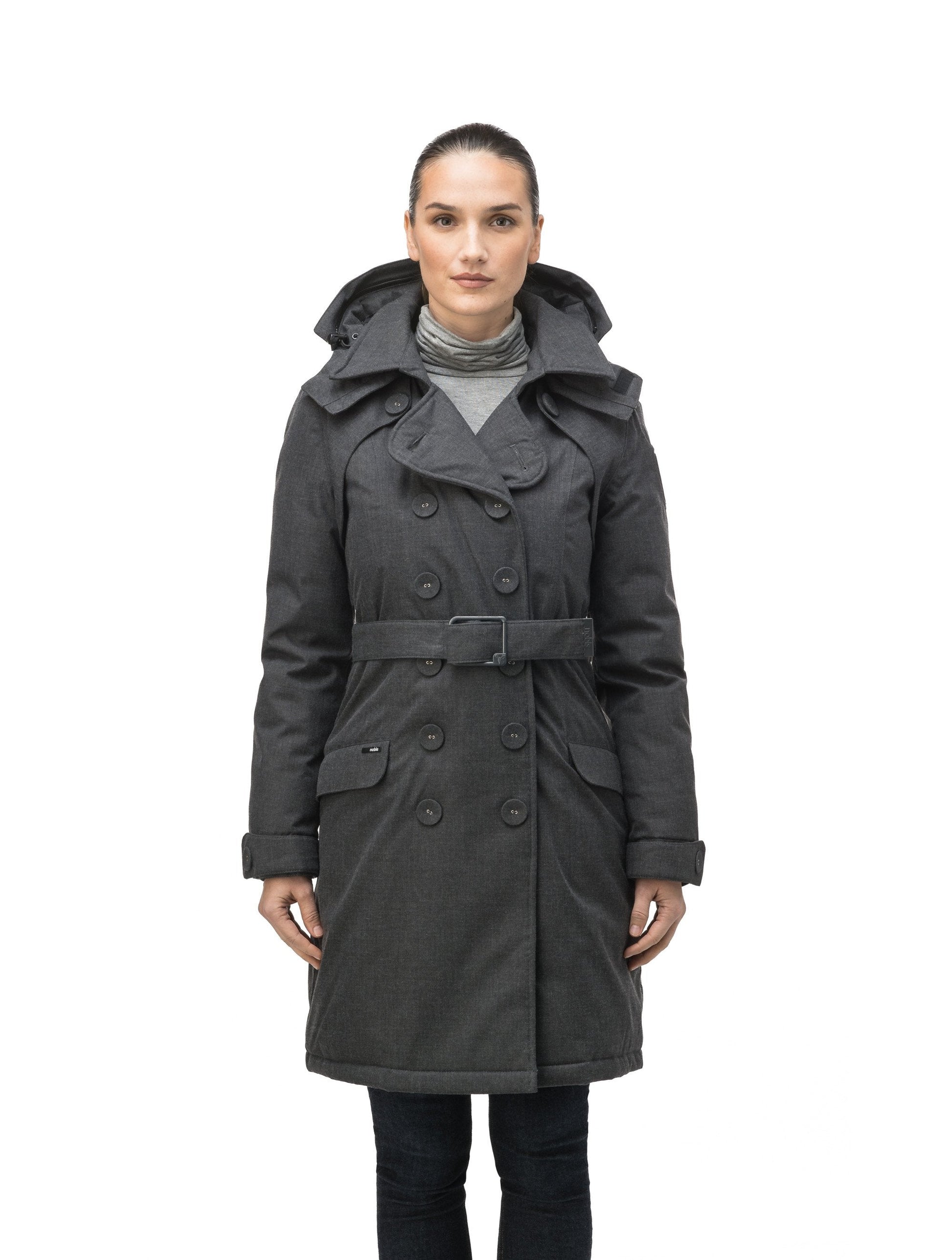 Women's down filled double breasted peacoat with a belted waist in H. Charcoal