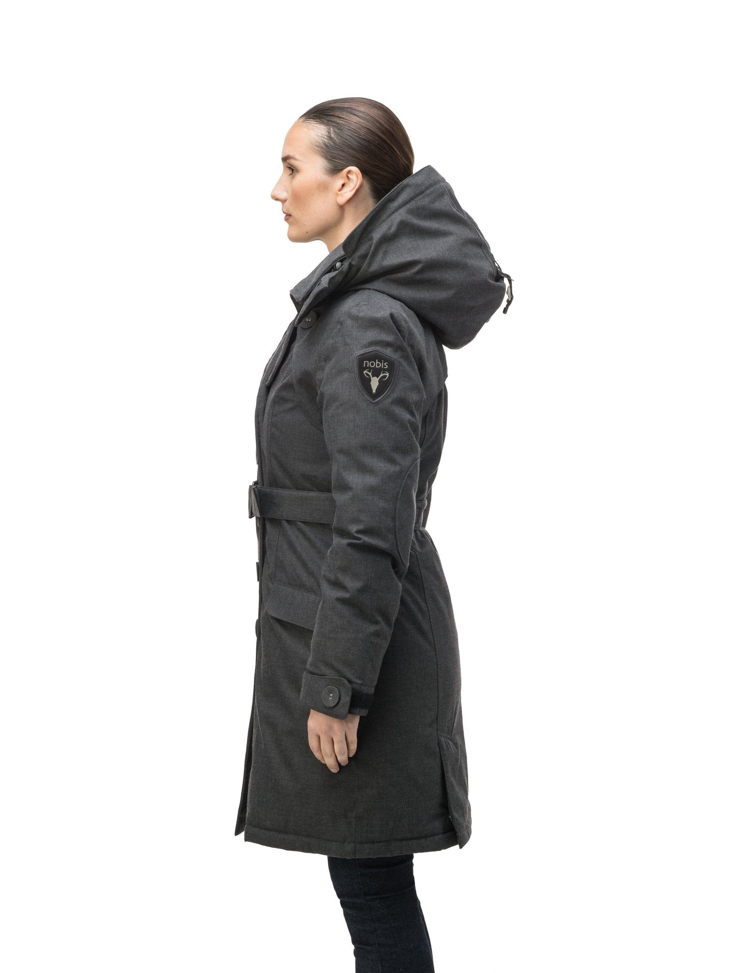 Women's down filled double breasted peacoat with a belted waist in H. Charcoal