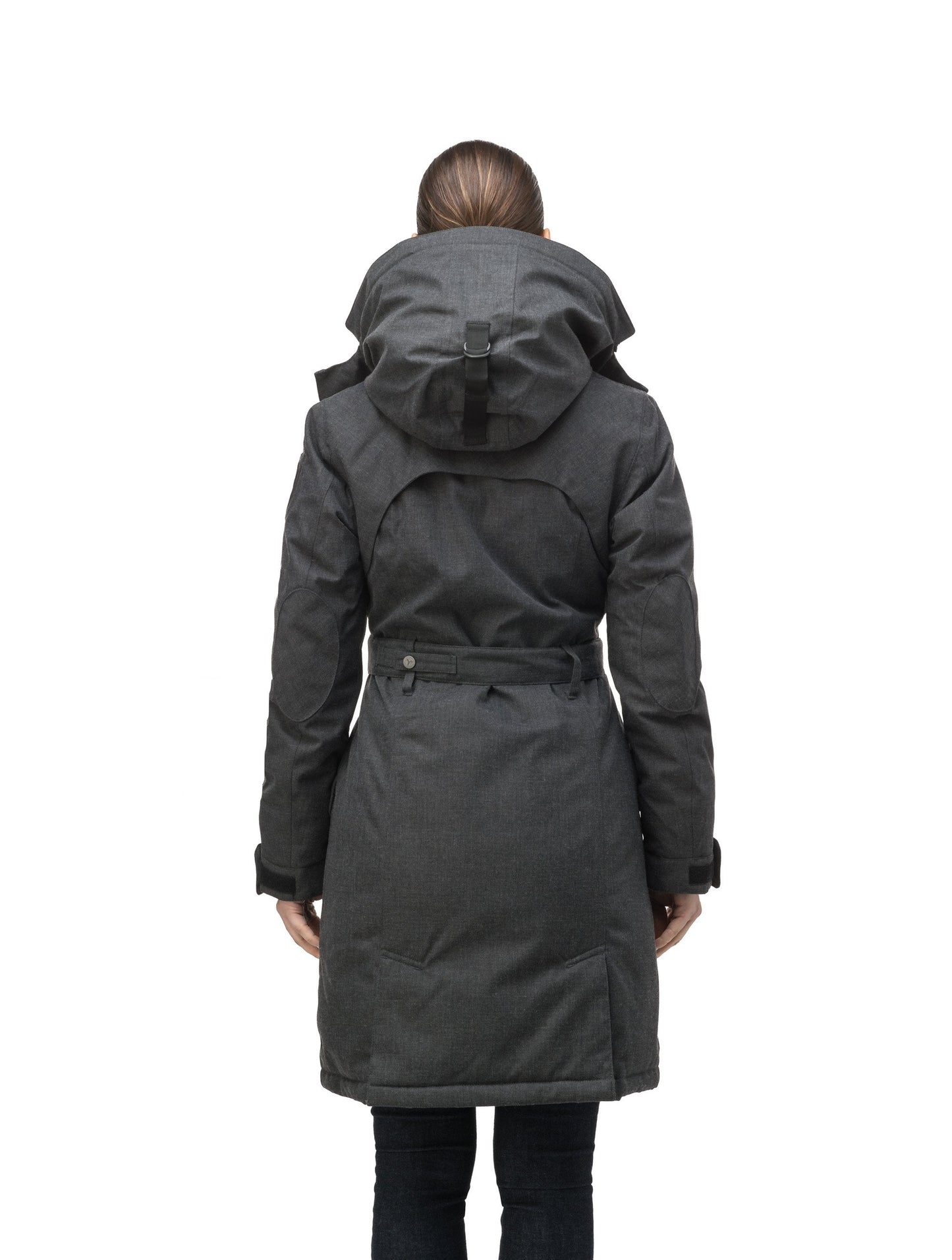 Women's down filled double breasted peacoat with a belted waist in H. Charcoal