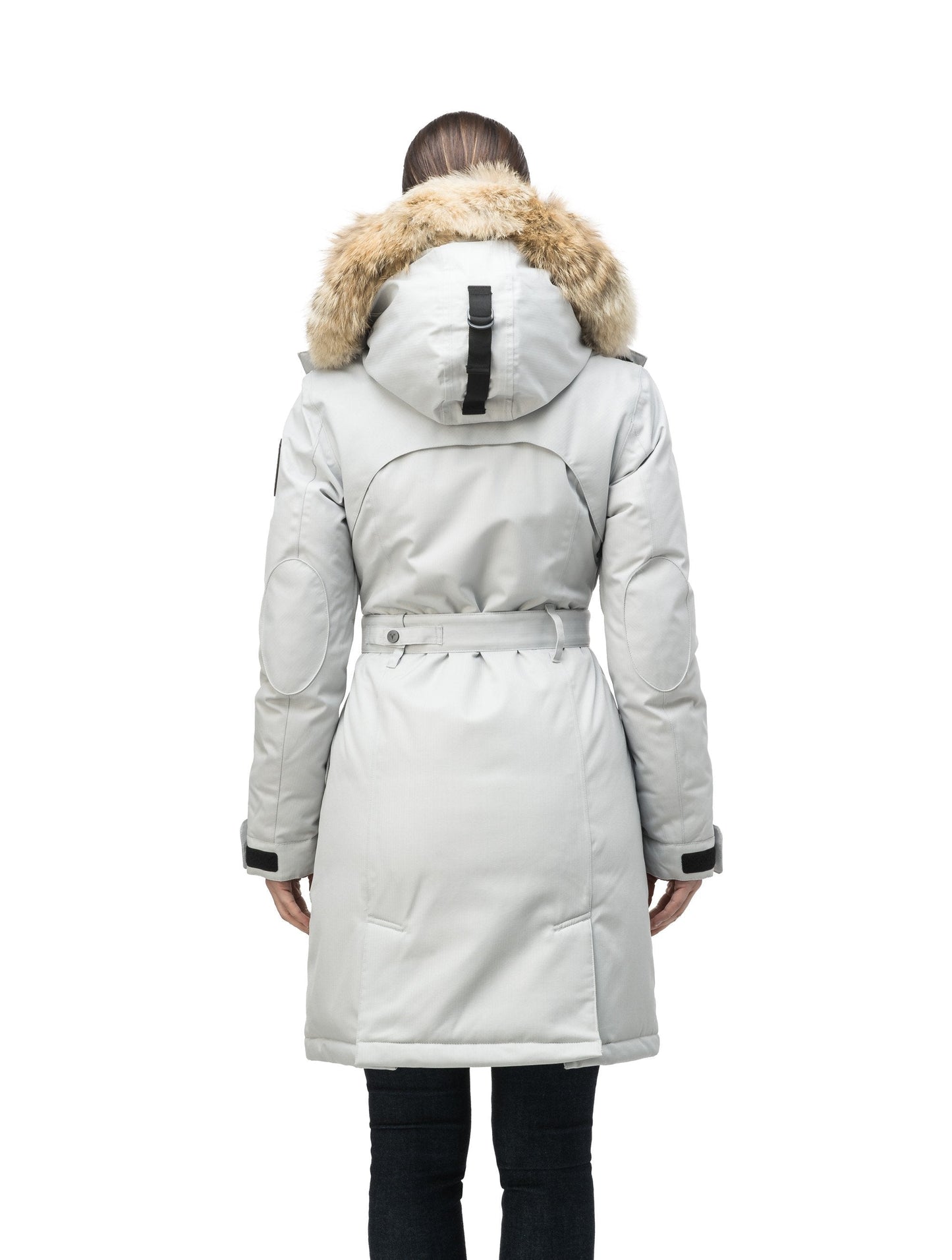 Women's down filled double breasted peacoat with a belted waist in CH Light Grey