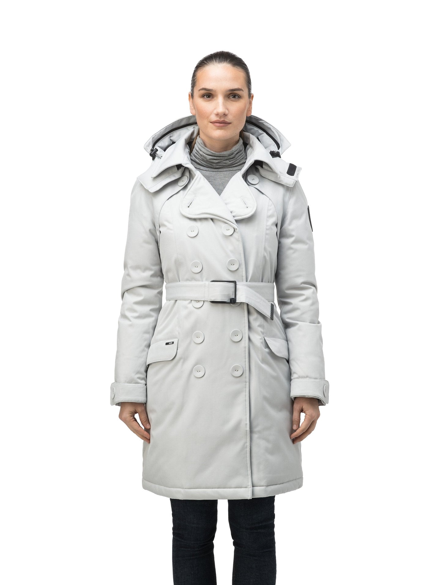 Women's down filled double breasted peacoat with a belted waist in CH Light Grey