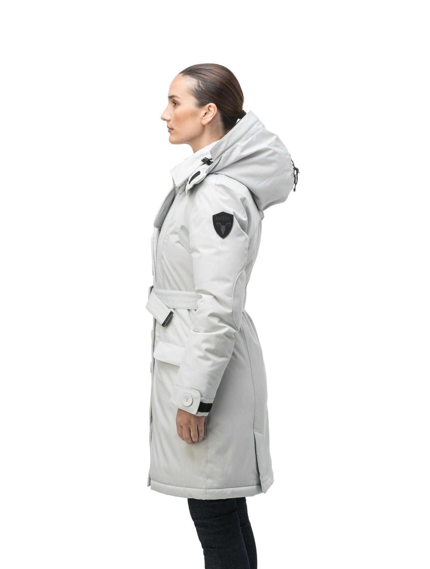 Women's down filled double breasted peacoat with a belted waist in CH Light Grey