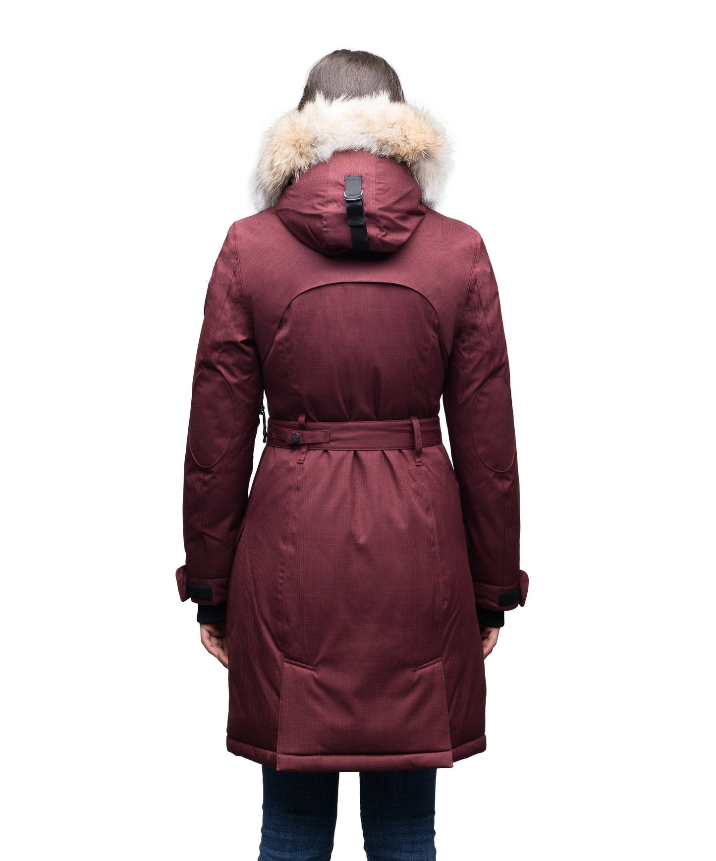 Women's down filled double breasted peacoat with a belted waist in CH Red Rum