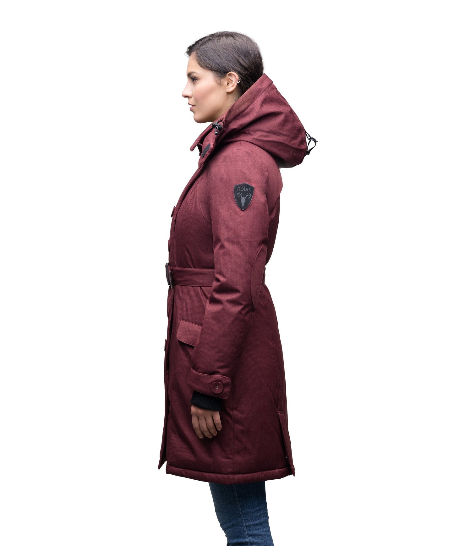 Women's down filled double breasted peacoat with a belted waist in CH Red Rum