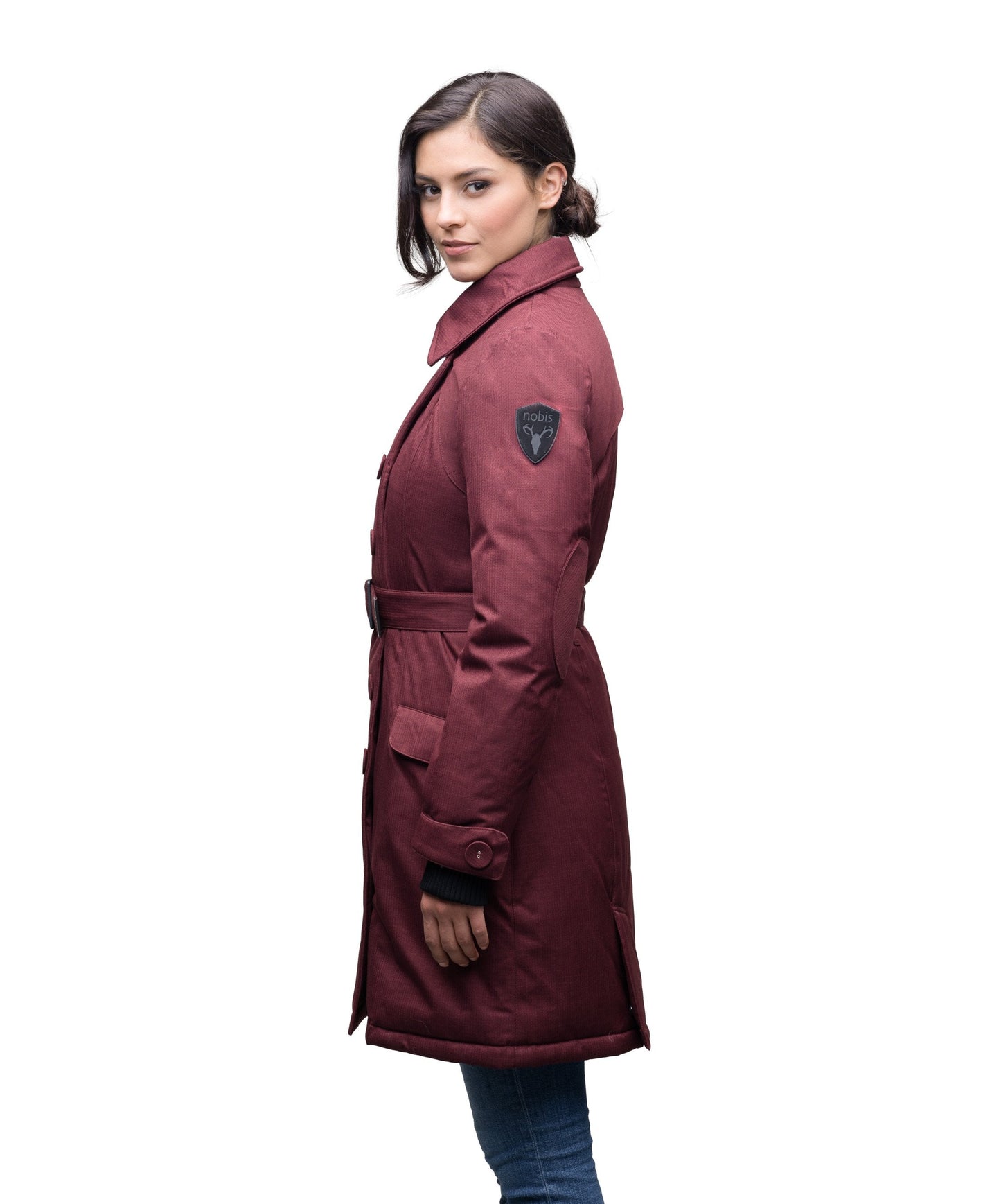 Women's down filled double breasted peacoat with a belted waist in CH Red Rum