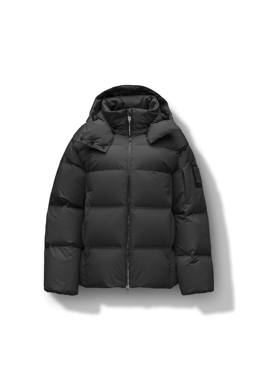 Una Ladies Performance Puffer in hip length, Technical Taffeta and Durable Stretch Ripstop fabrication, Premium Canadian White Duck Down insulation, removable down filled hood, centre front two-way zipper, and side-entry pockets at waist, in Black