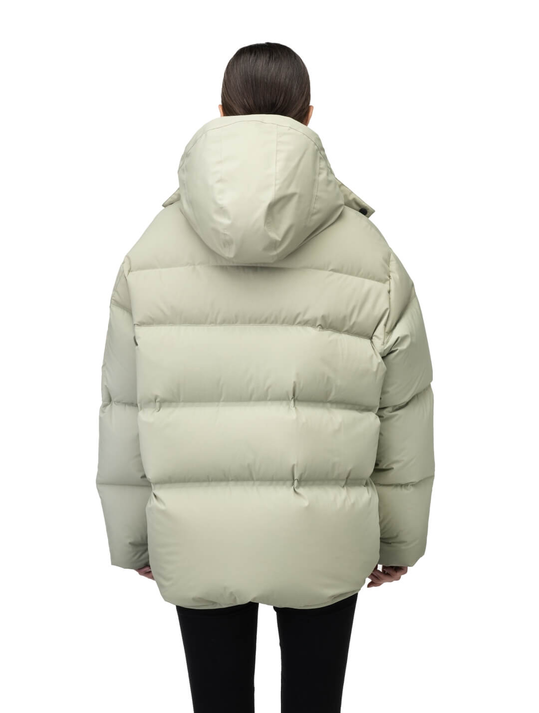 Una Ladies Performance Puffer in hip length, Technical Taffeta and Durable Stretch Ripstop fabrication, Premium Canadian White Duck Down insulation, removable down filled hood, centre front two-way zipper, and side-entry pockets at waist, in Tea