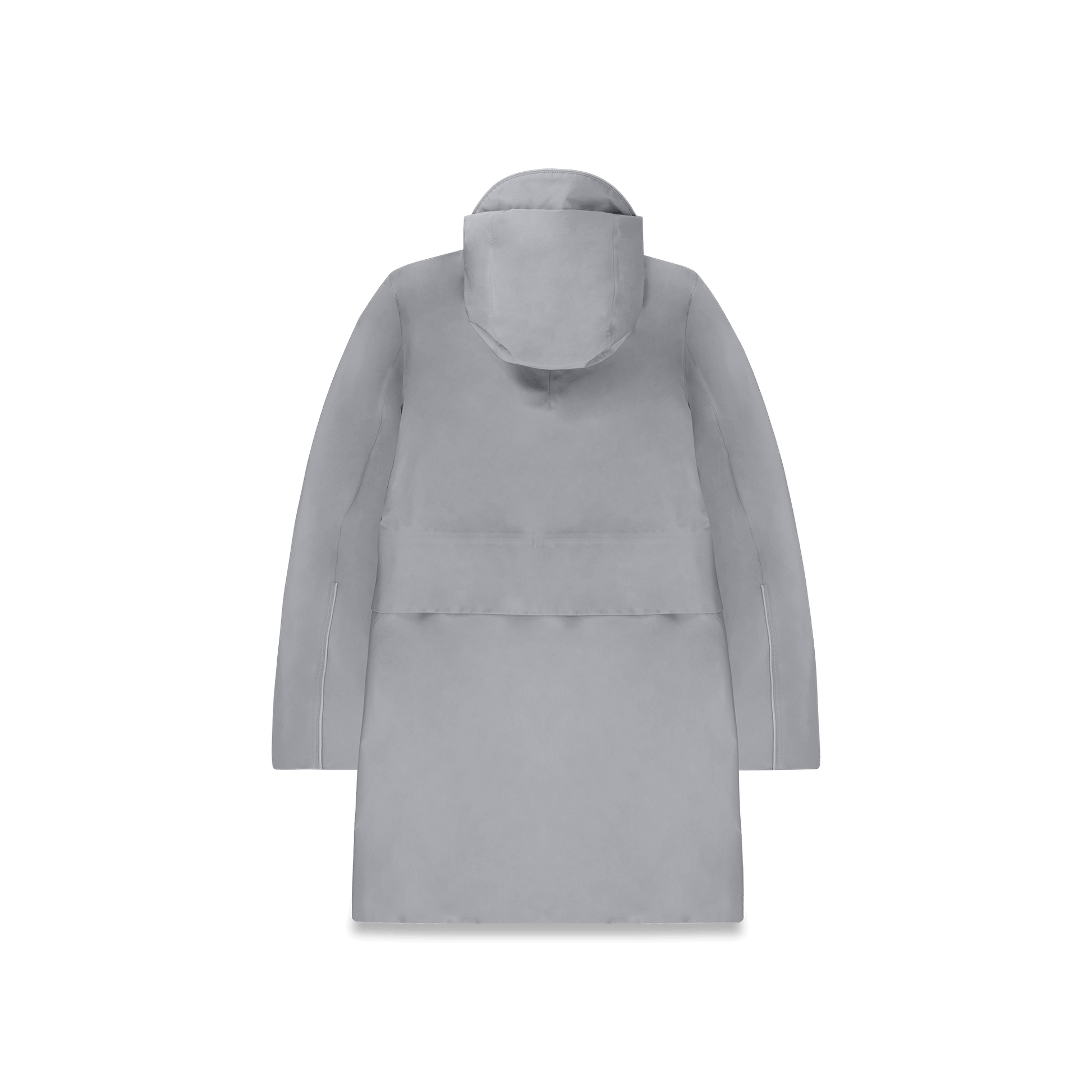 Upton long jacket in Concrete in 3-ply Micro Denier fabric with DWR coating, featuring a two-way zipper with magnetic closure, hidden mesh ventilation, and underarm vents. Designed for weather protection and tailored comfort.