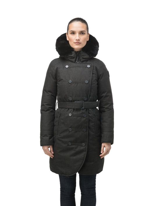 Women's down filled calf length parka with belted waist, and removable Rex Rabbit fur collar in H. Black + H. Black