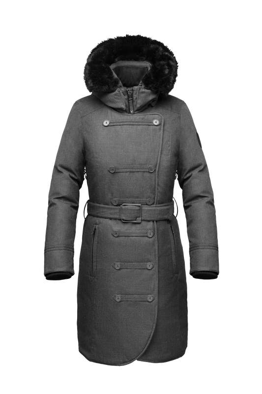 Women's down filled calf length parka with belted waist, and removable Rex Rabbit fur collar in CH Steel Grey + CH Steel Grey