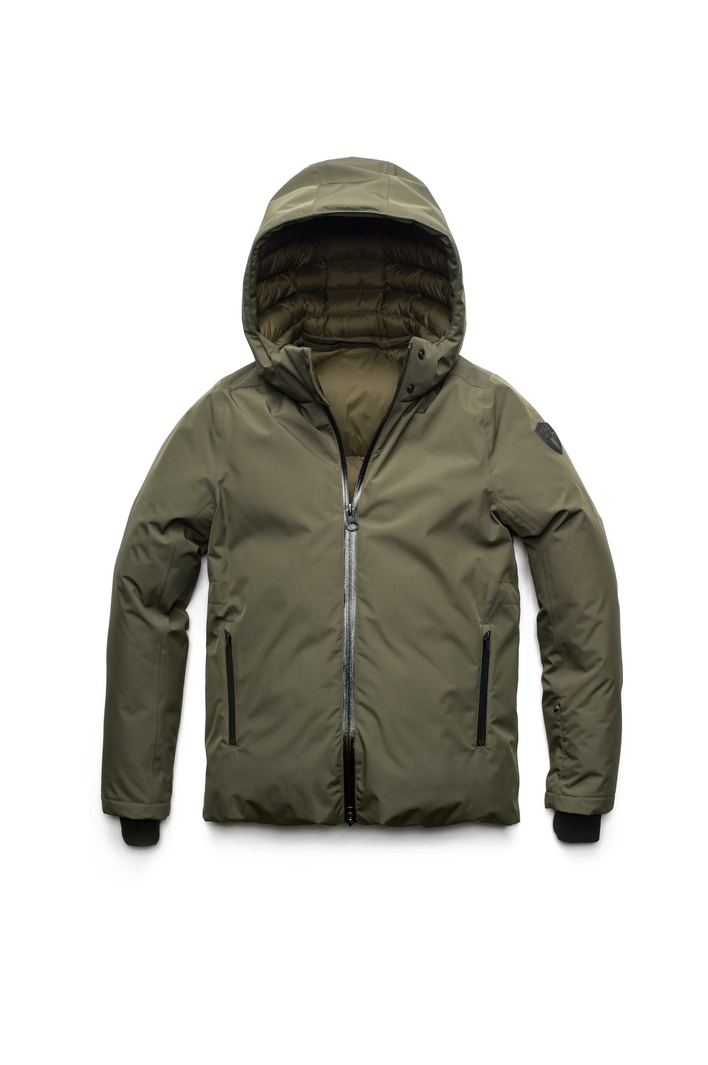 Hip length, reversible women's down filled jacket with waterproof exposed zipper in Fatigue