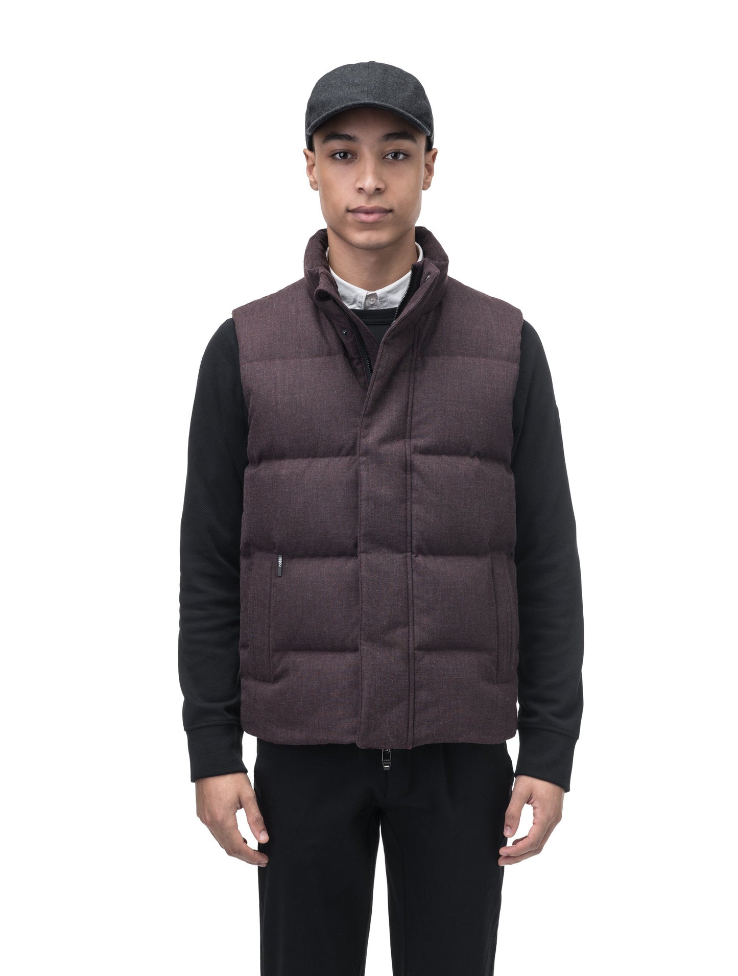 Vale Men's Quilted Vest in hip length, Canadian duck down insulation, and two-way zipper, in H. Burgundy