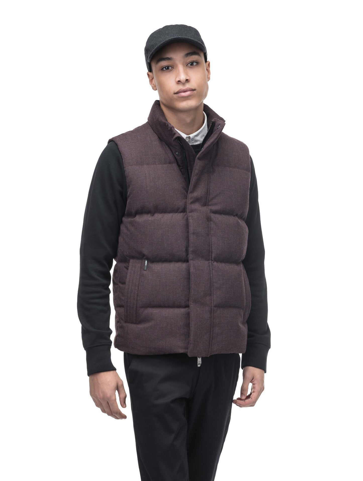 Vale Men's Quilted Vest in hip length, Canadian duck down insulation, and two-way zipper, in H. Burgundy