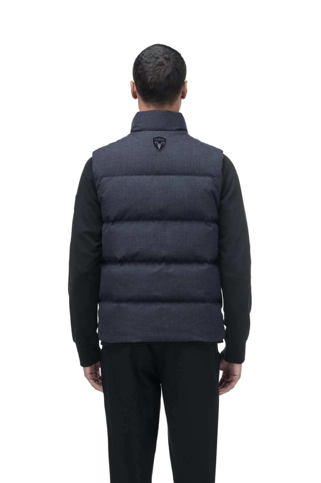 Vale Men's Quilted Vest in hip length, Canadian duck down insulation, and two-way zipper, in H. Navy