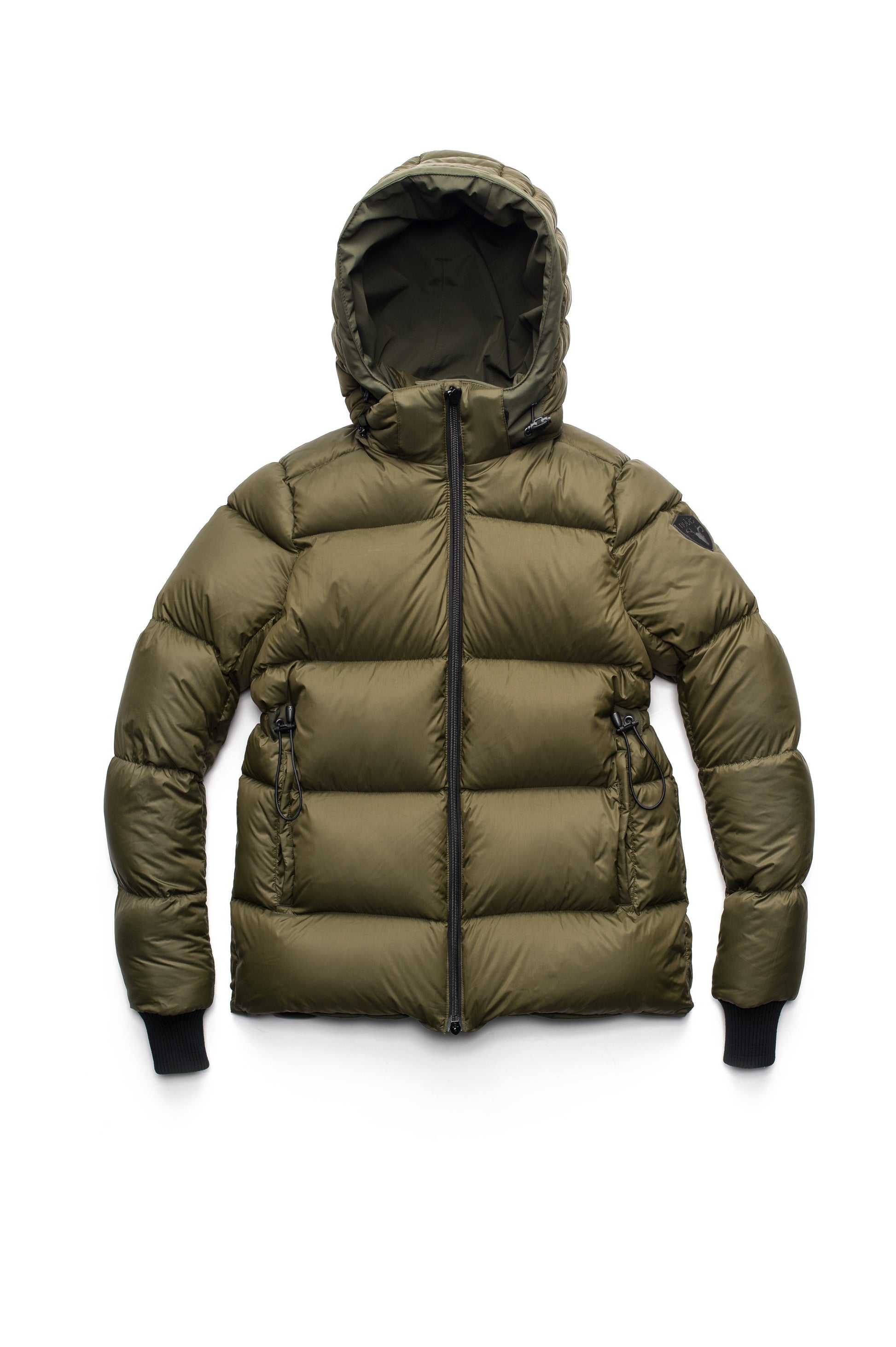 Hip length, reversible women's down filled jacket with waterproof exposed zipper in Fatigue