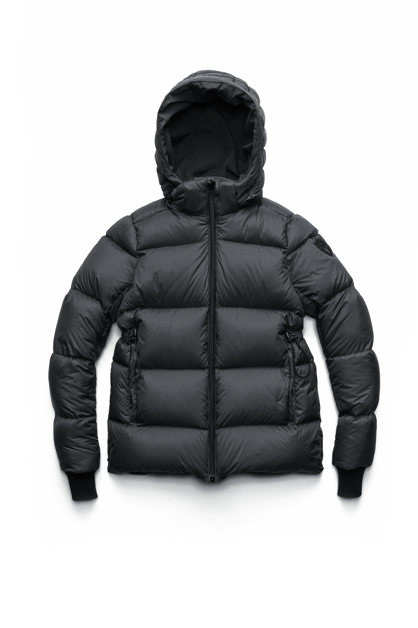 Hip length, reversible women's down filled jacket with waterproof exposed zipper in Black