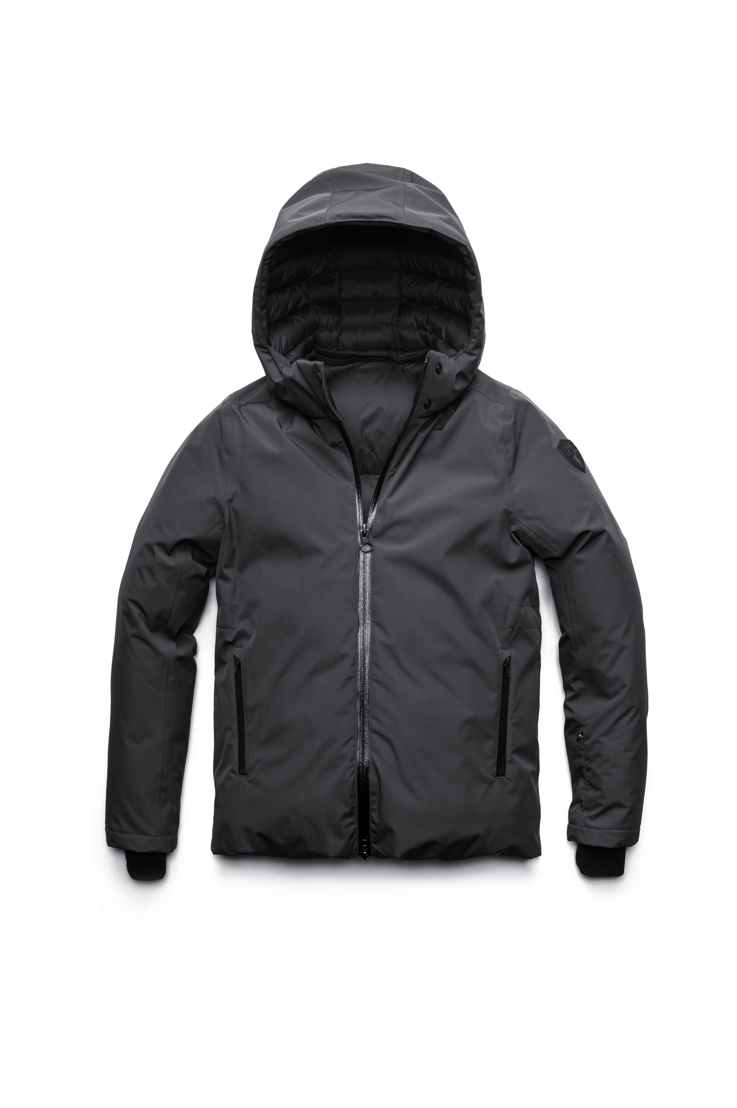 Hip length, reversible women's down filled jacket with waterproof exposed zipper in Black