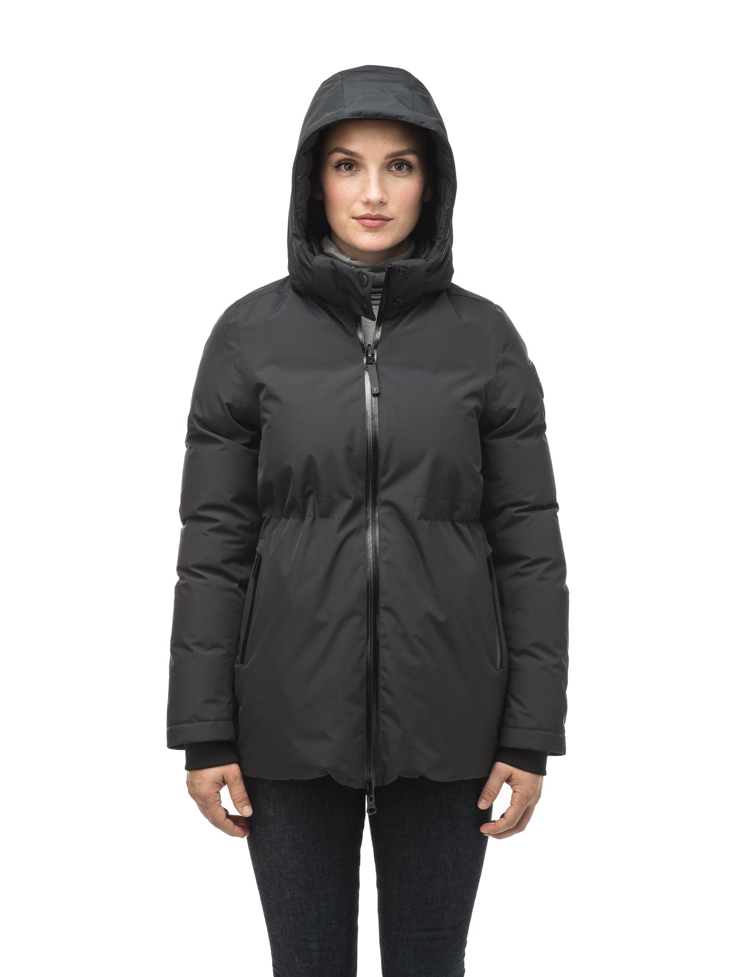 Hip length, reversible women's down filled jacket with waterproof exposed zipper in Black