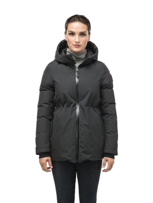 Hip length, reversible women's down filled jacket with waterproof exposed zipper in Black