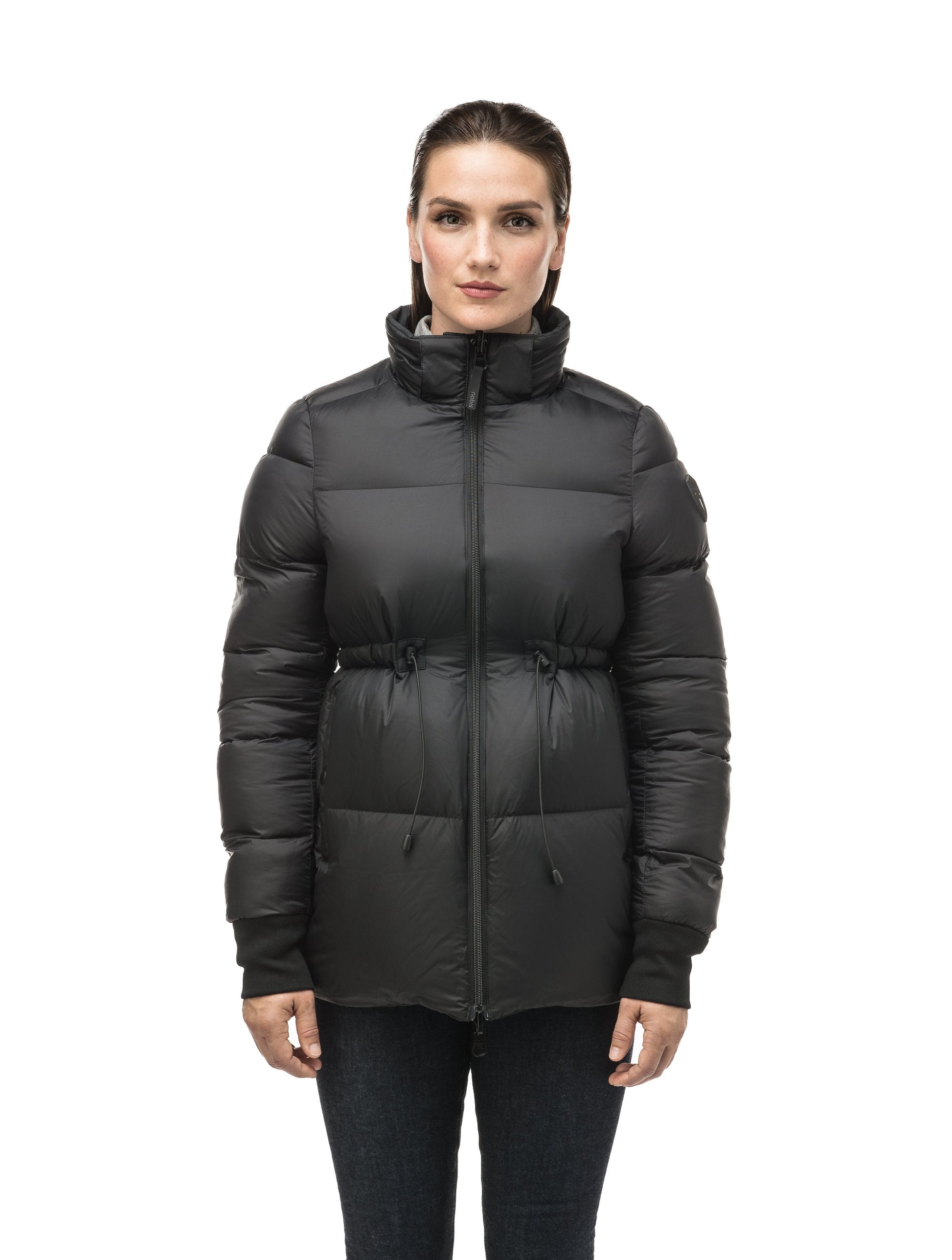 Hip length, reversible women's down filled jacket with waterproof exposed zipper in Black