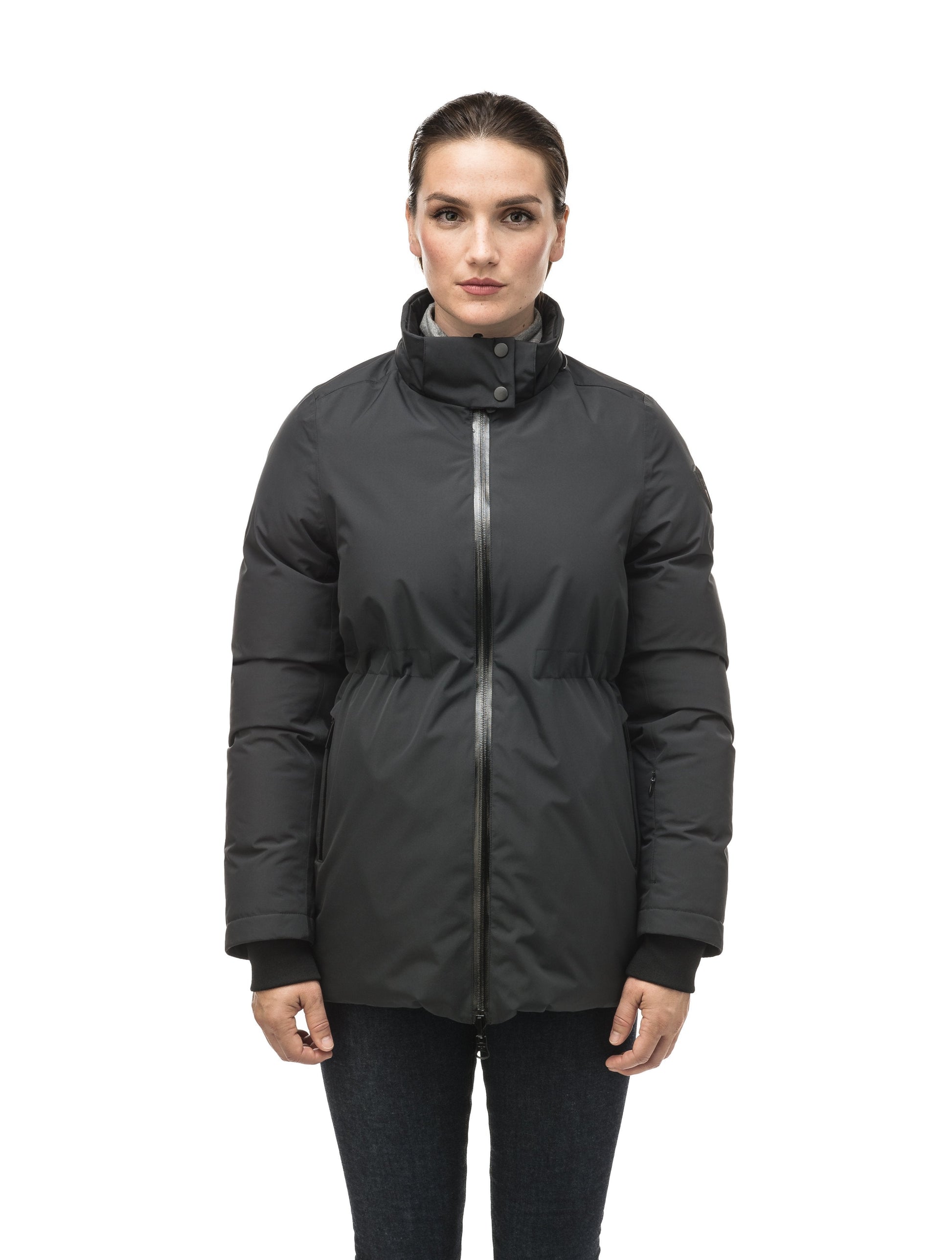 Hip length, reversible women's down filled jacket with waterproof exposed zipper in Black