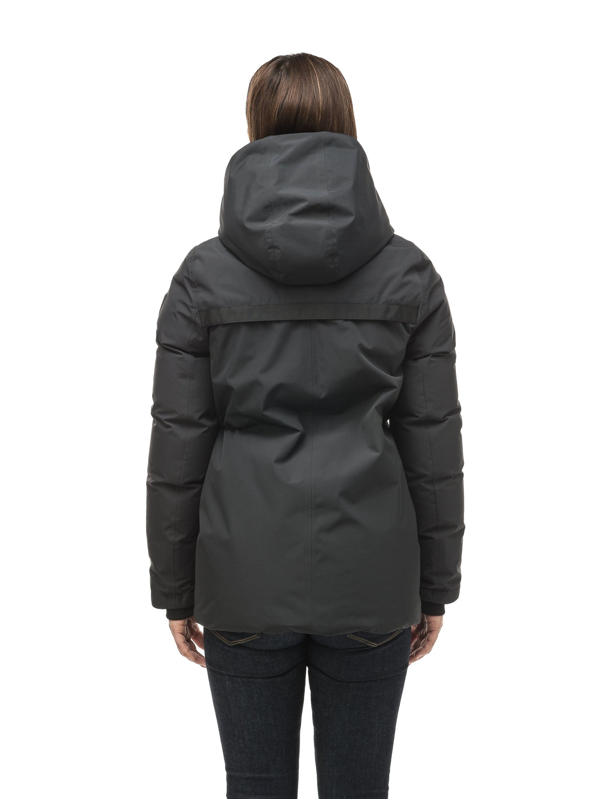 Hip length, reversible women's down filled jacket with waterproof exposed zipper in Black