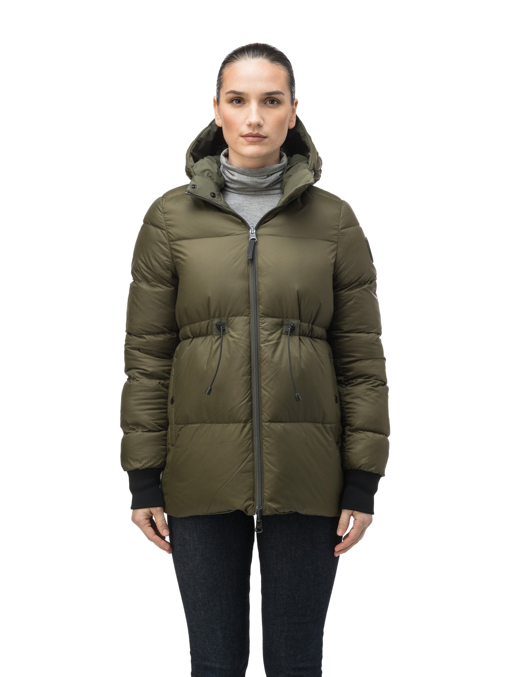 Hip length, reversible women's down filled jacket with waterproof exposed zipper in Fatigue