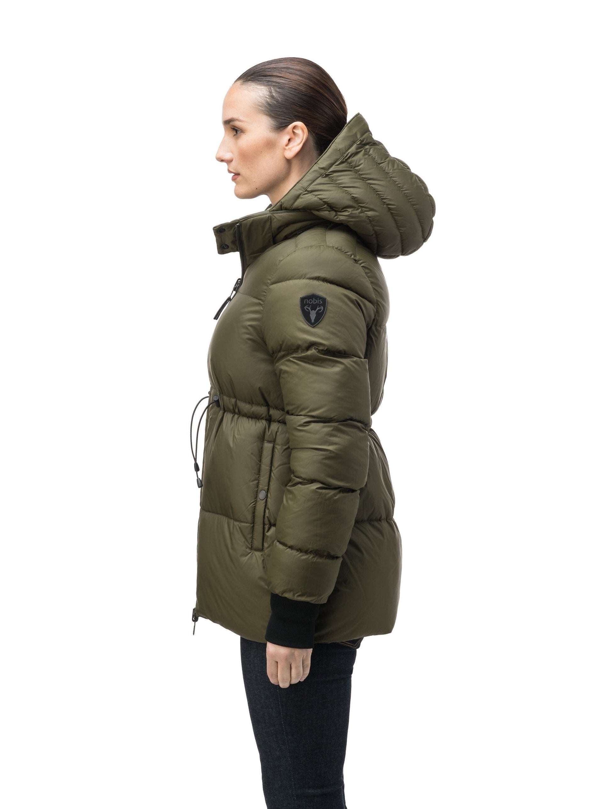 Hip length, reversible women's down filled jacket with waterproof exposed zipper in Fatigue