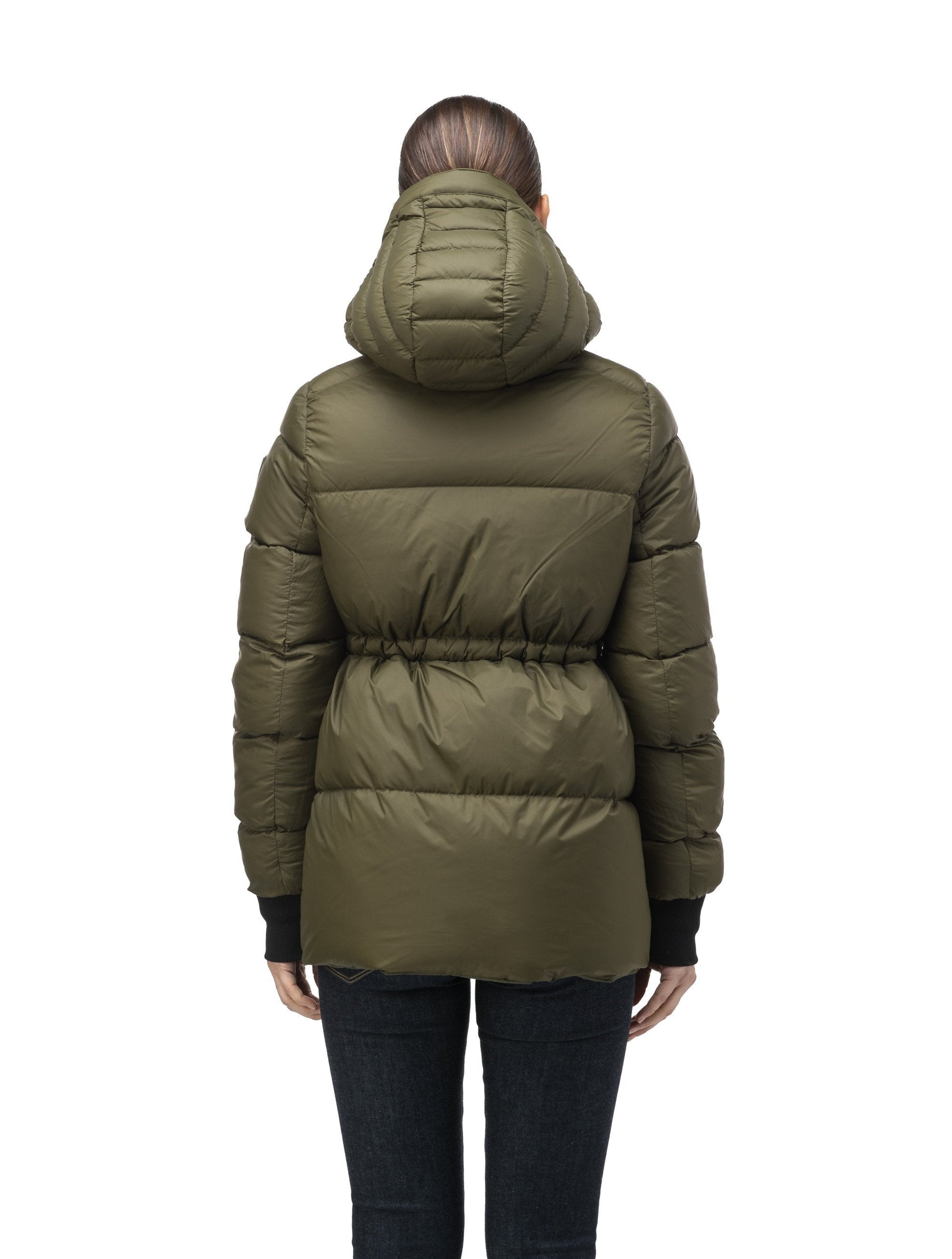 Hip length, reversible women's down filled jacket with waterproof exposed zipper in Fatigue