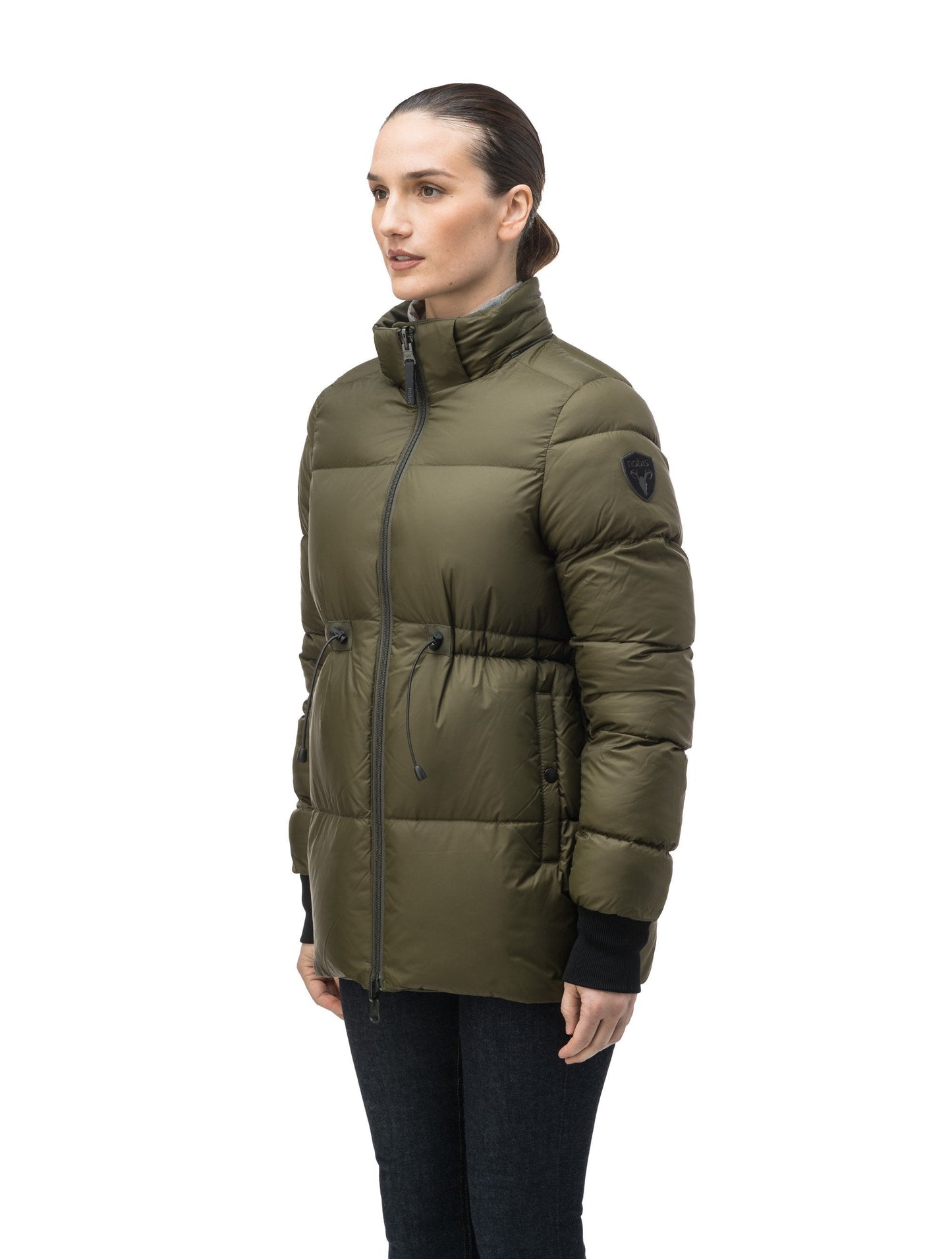 Hip length, reversible women's down filled jacket with waterproof exposed zipper in Fatigue