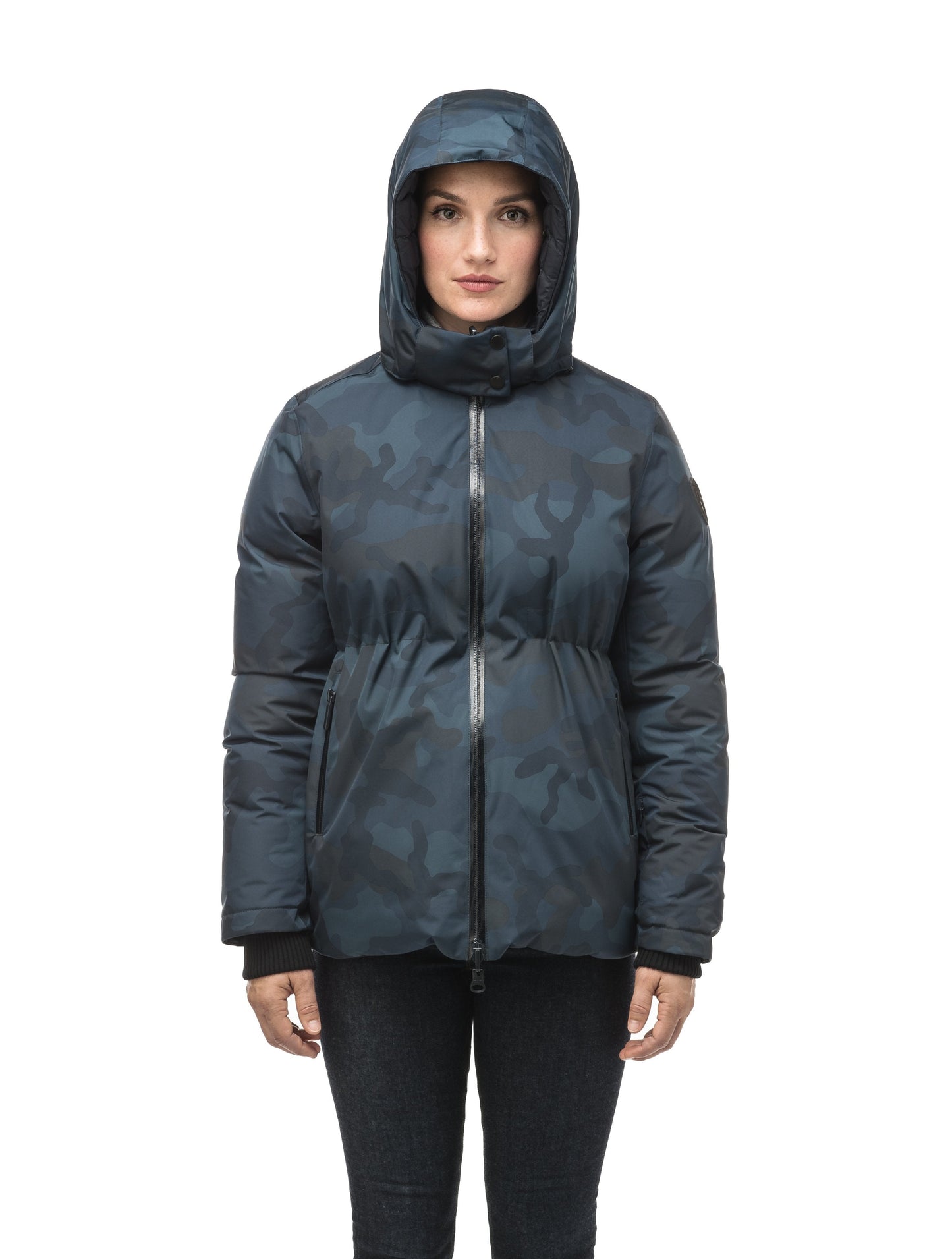 Hip length, reversible women's down filled jacket with waterproof exposed zipper in Navy Camo