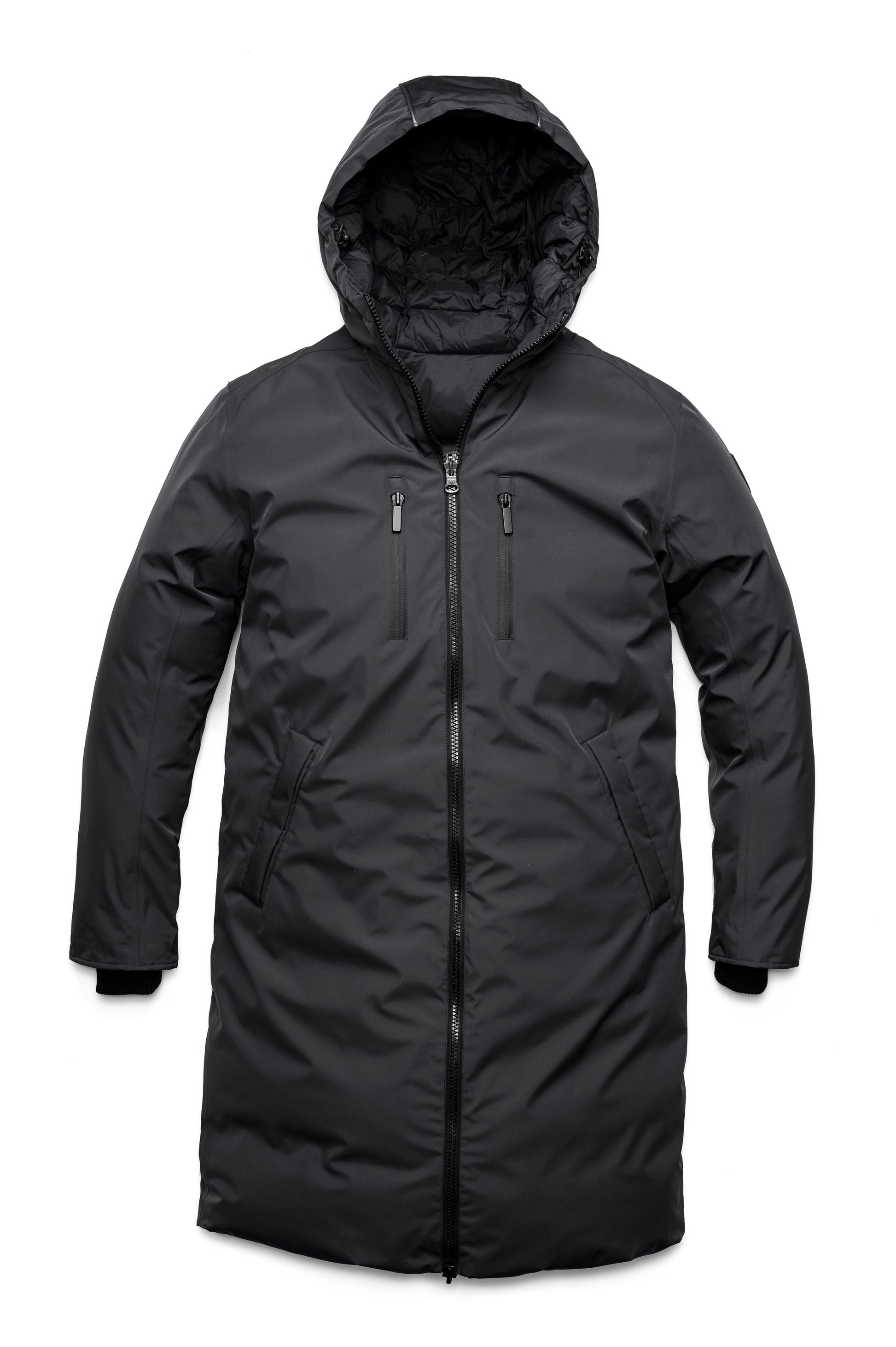 Men's knee length reversible down-filled parka with non-removable hood in Black