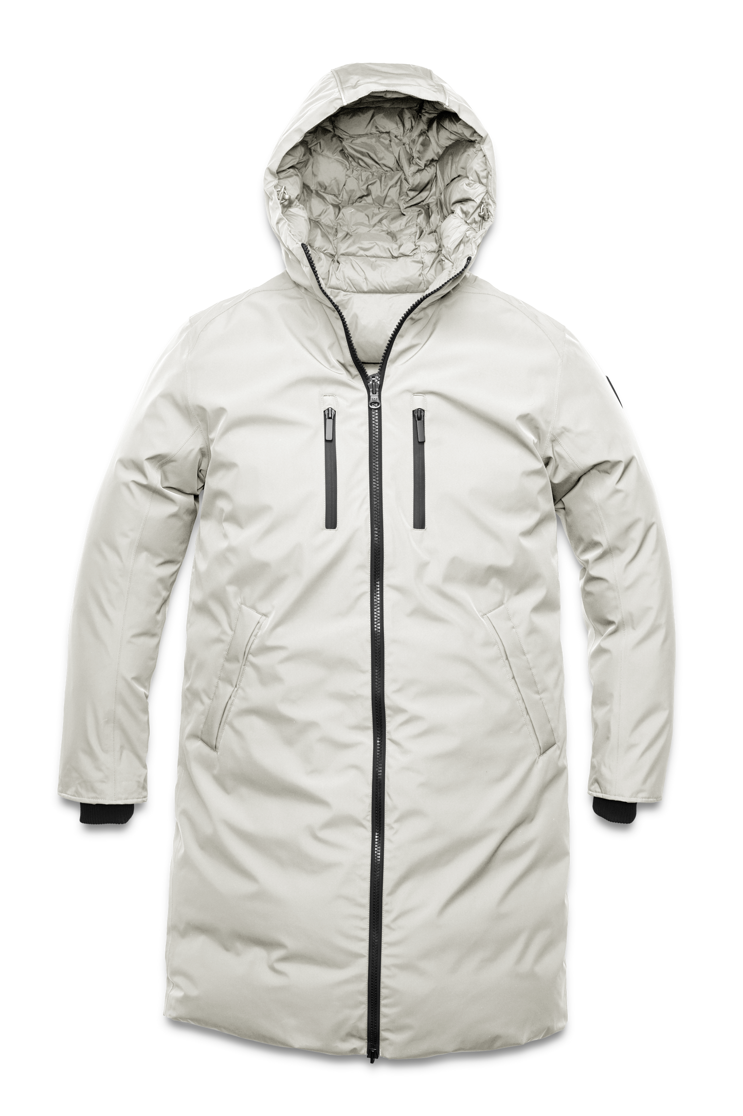 Men's knee length reversible down-filled parka with non-removable hood in Chalk