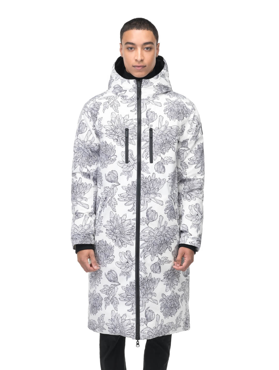 Men's knee length reversible down-filled parka with non-removable hood in White Floral Print