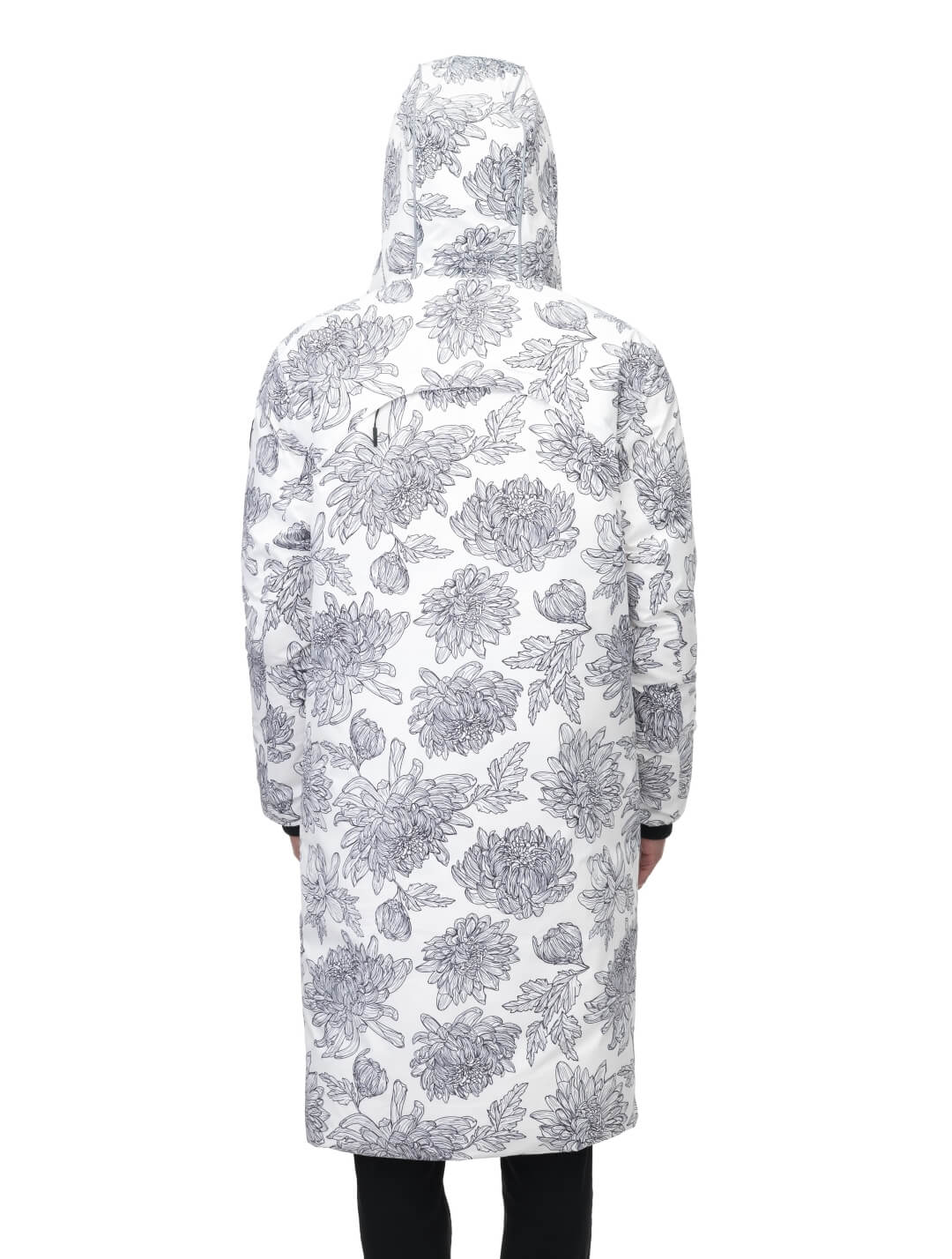 Men's knee length reversible down-filled parka with non-removable hood in White Floral Print